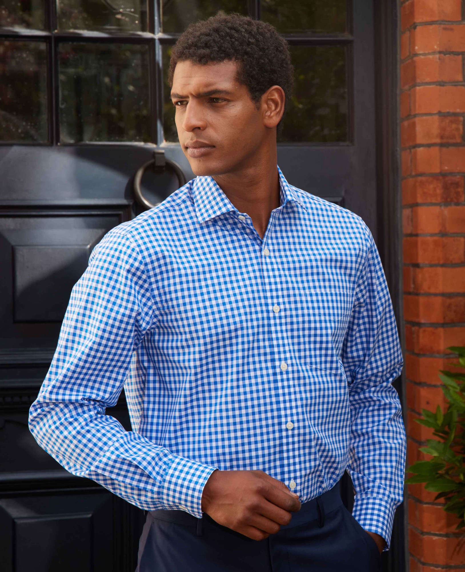Men's Blue Classic Fit Gingham Formal Shirt - Single Cuff - Size: 16.5" x Extra Long - 37" - Savile Row Company - image 2