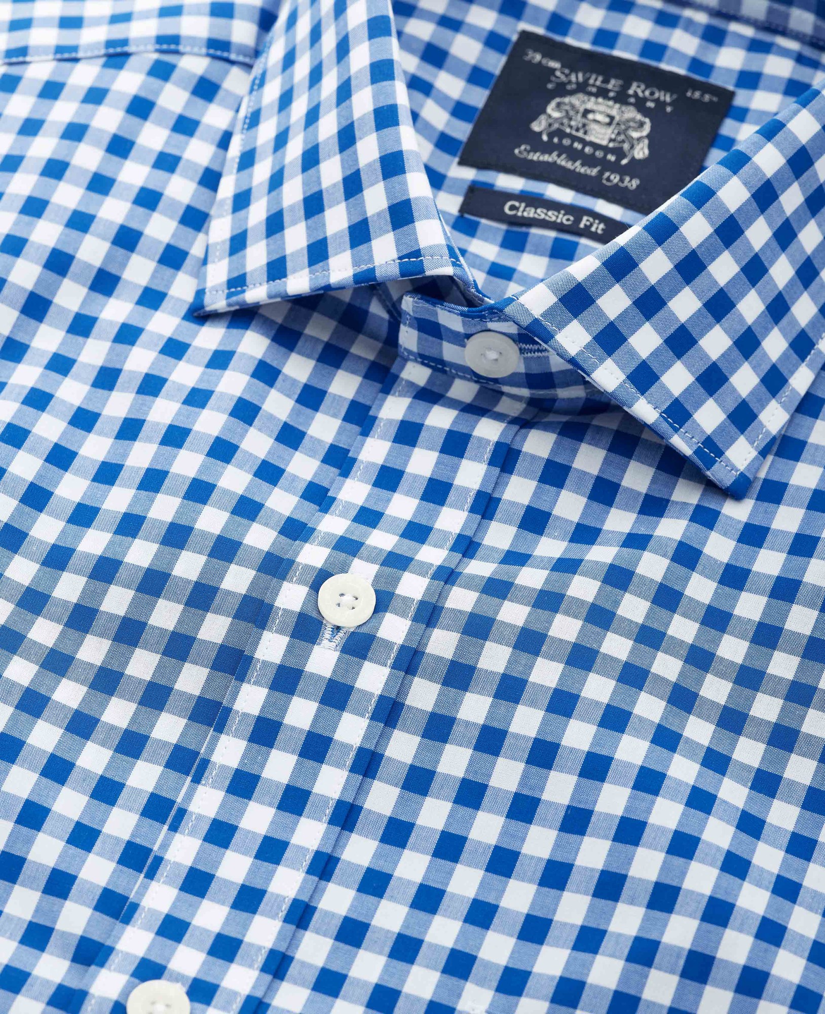 Men's Blue Classic Fit Gingham Formal Shirt - Single Cuff - Size: 17.5" x Extra Long - 38" - Savile Row Company - image 4