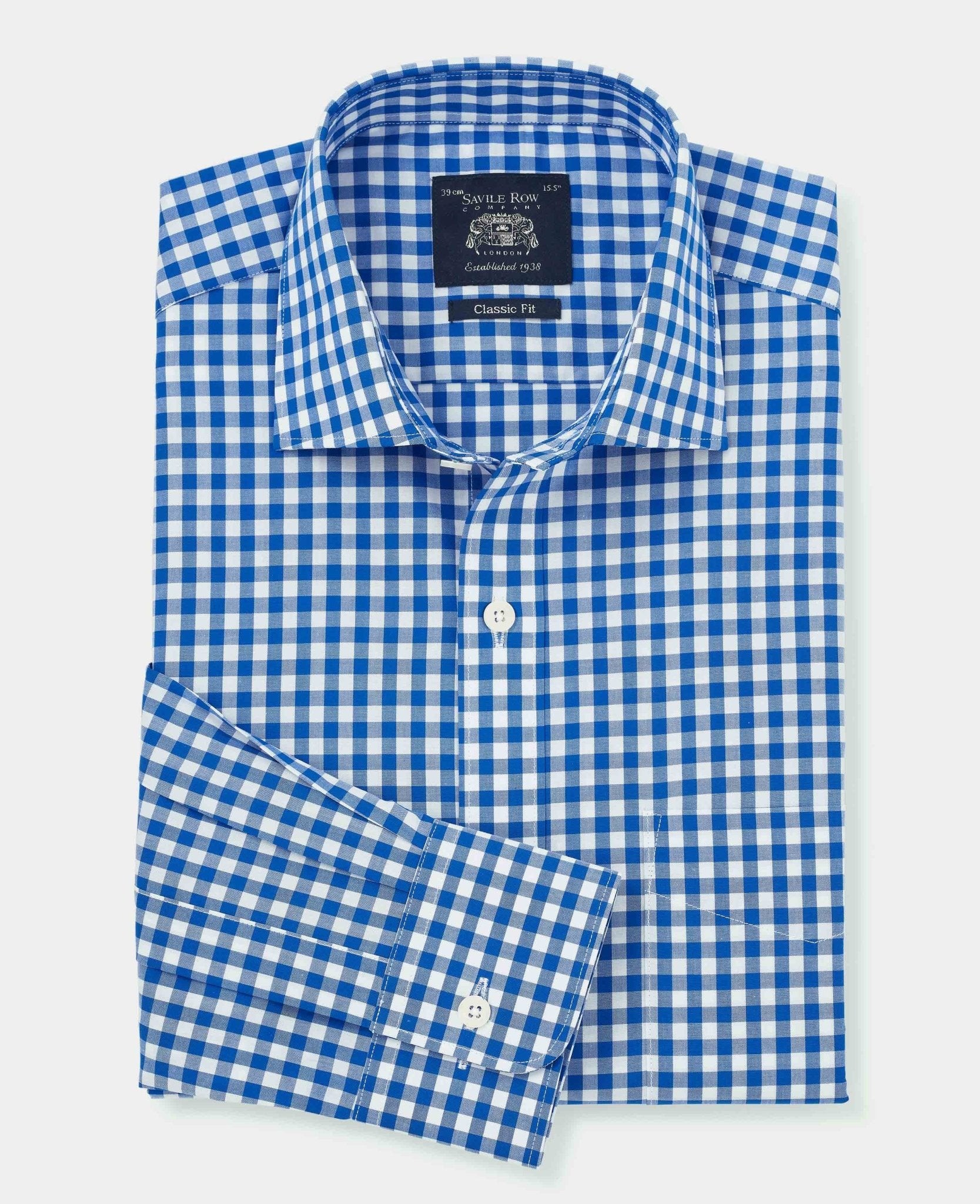 Men's blue and white gingham formal shirt with a classic fit, single cuff, size 17.5, featuring a crisp collar and Savile Row Company label.