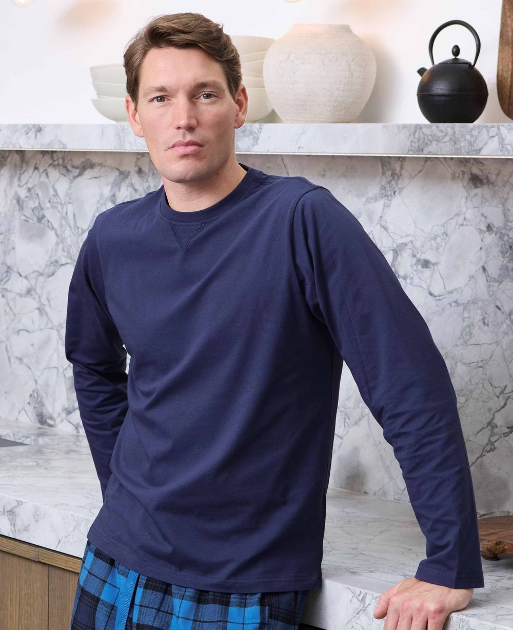 Men's Blue Cotton Checked Lounge Pants & Long Sleeve T-Shirt Pyjama Set - Size: Medium - Savile Row Company - image 2