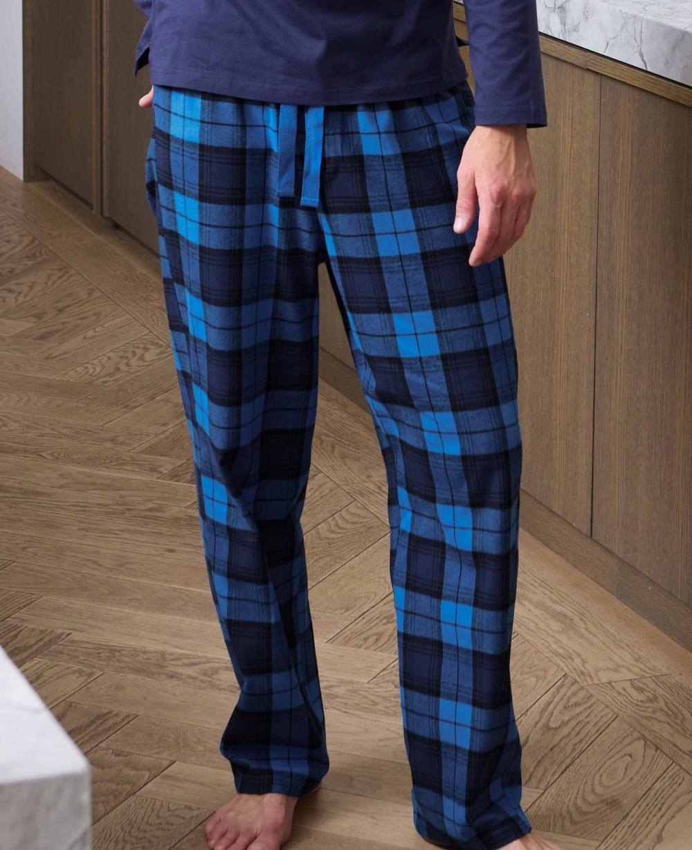 Men's Blue Cotton Checked Lounge Pants & Long Sleeve T-Shirt Pyjama Set - Size: Medium - Savile Row Company - image 3