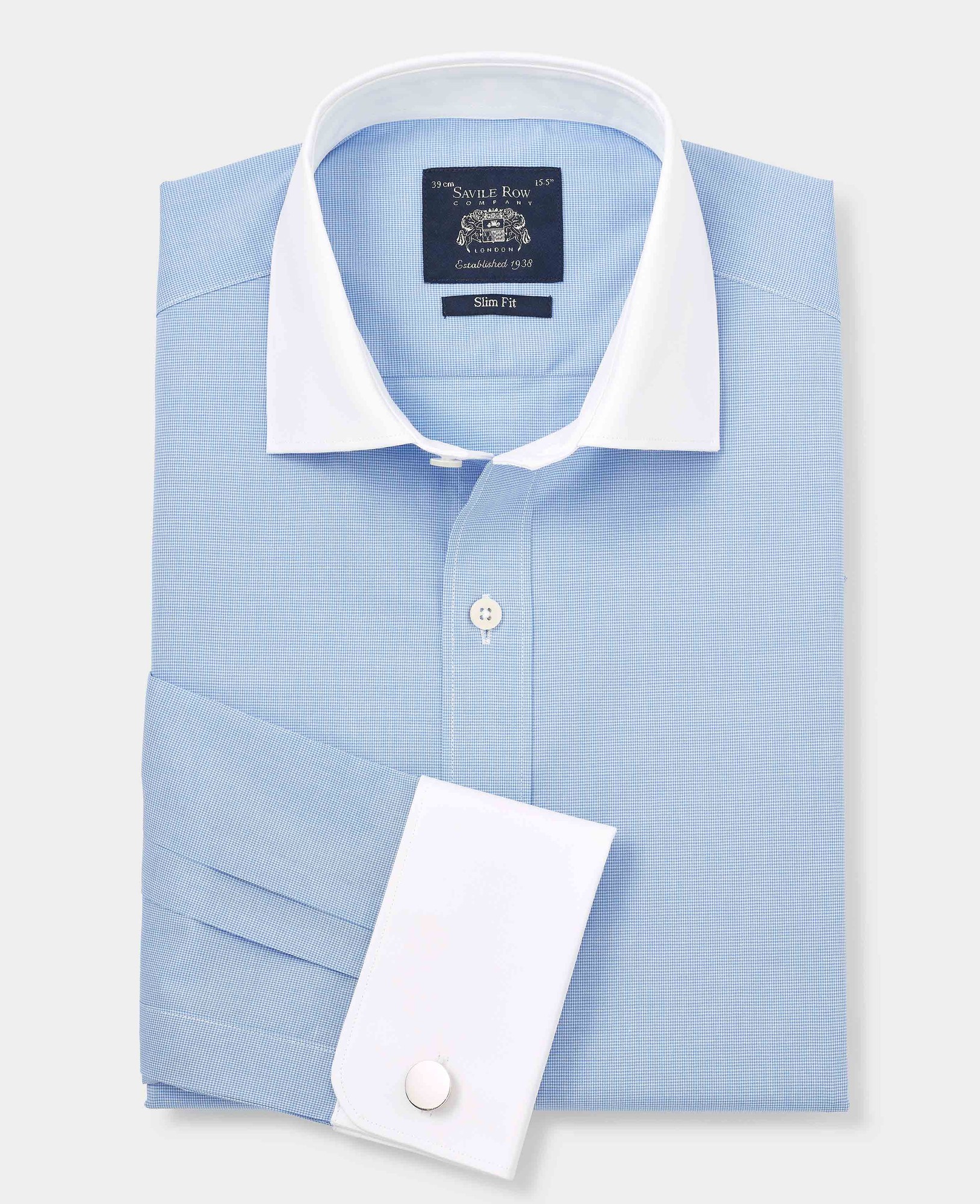 Men's slim fit formal shirt in light blue cotton with micro check pattern, double cuffs, and white collar, featuring a Savile Row Company label and size 14.5 x 33 inches.