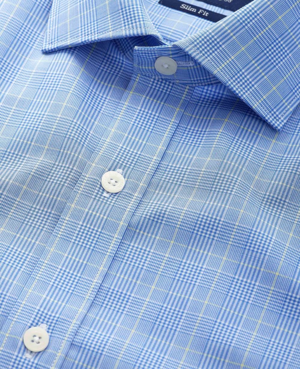 Men's Blue Cotton Prince of Wales Check Slim Fit Formal Shirt - Double Cuff - Size: 14.5" x Standard - 33" - Savile Row Company - image 2