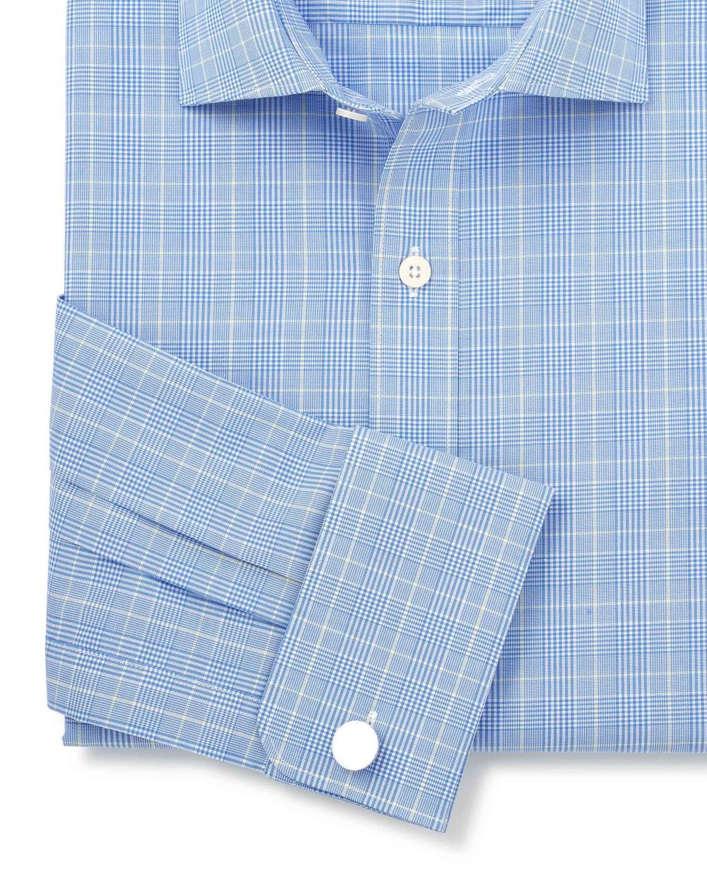 Men's Blue Cotton Prince of Wales Check Slim Fit Formal Shirt - Double Cuff - Size: 14.5" x Standard - 33" - Savile Row Company - image 3