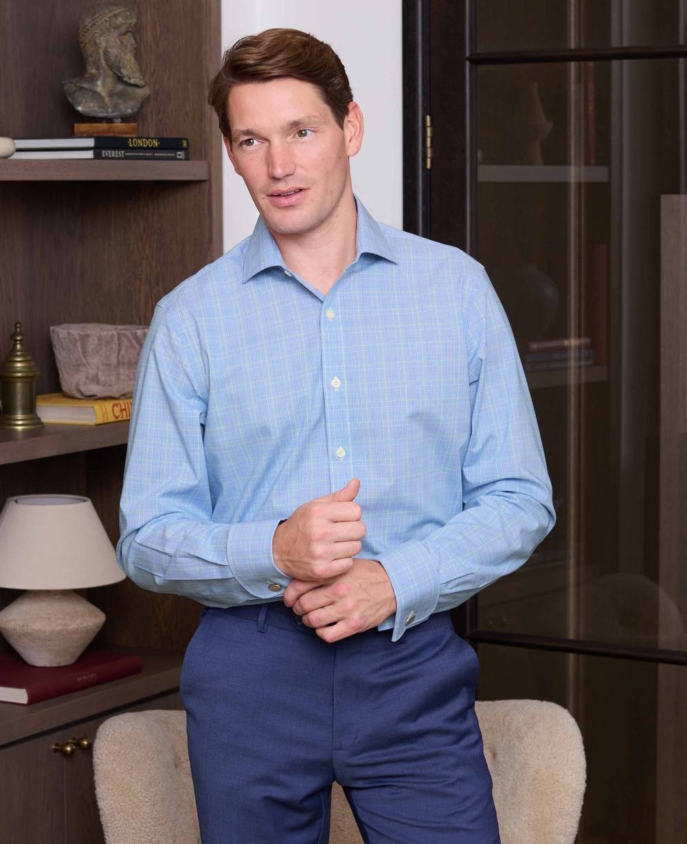 Men's Blue Cotton Prince of Wales Check Slim Fit Formal Shirt - Double Cuff - Size: 14.5" x Standard - 33" - Savile Row Company - image 5