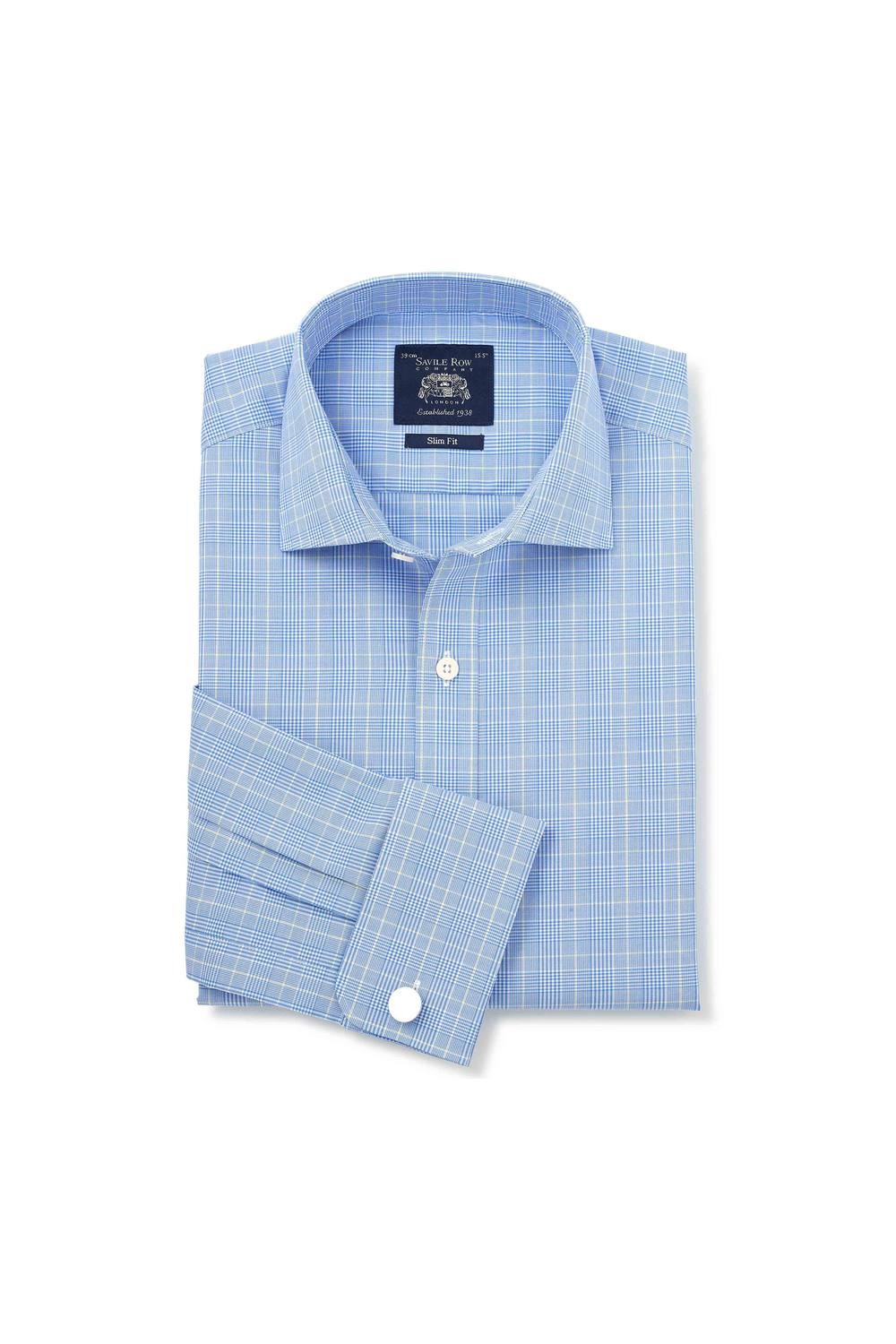 Men's slim fit formal shirt in blue cotton featuring a Prince of Wales check pattern, double cuffs, size 14.5 x 33, by Savile Row Company.