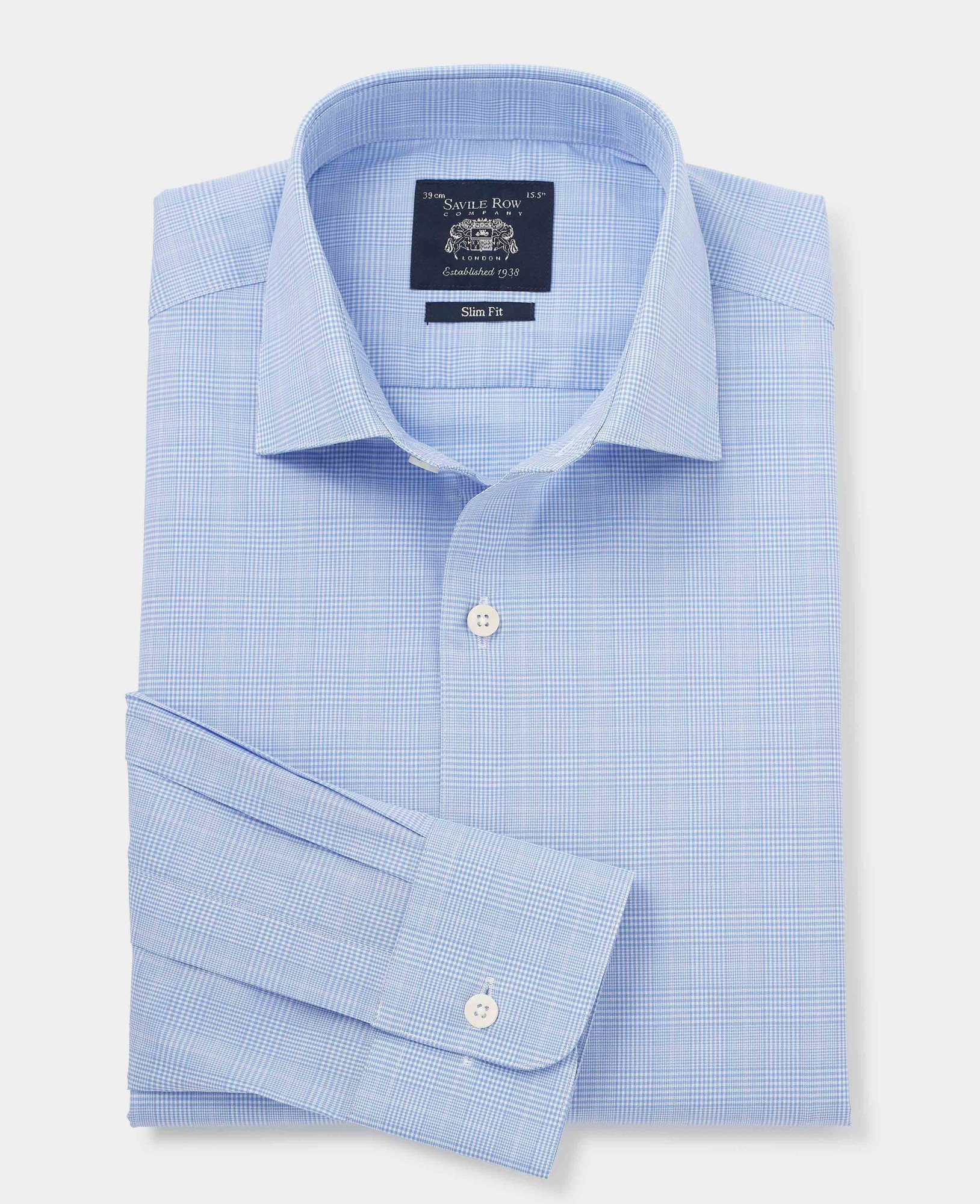Men's slim fit formal shirt in blue cotton featuring a Prince of Wales check pattern, single cuff, size 14.5" x 33", by Savile Row Company.