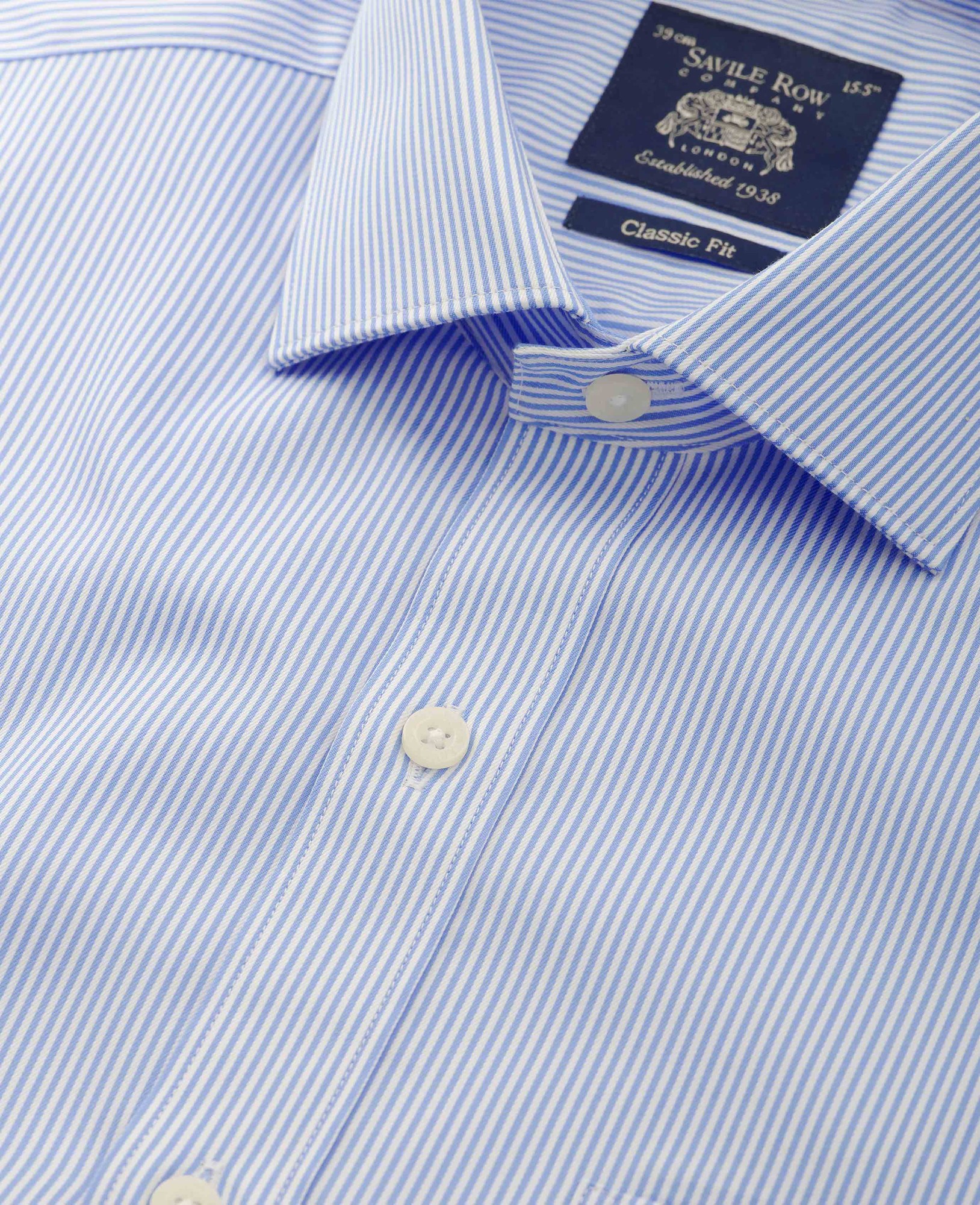 Men's Blue Cotton Twill Classic Fit Striped Formal Shirt - Single Cuff - Size: 17" x Extra Long - 37.5" - Savile Row Company - image 3