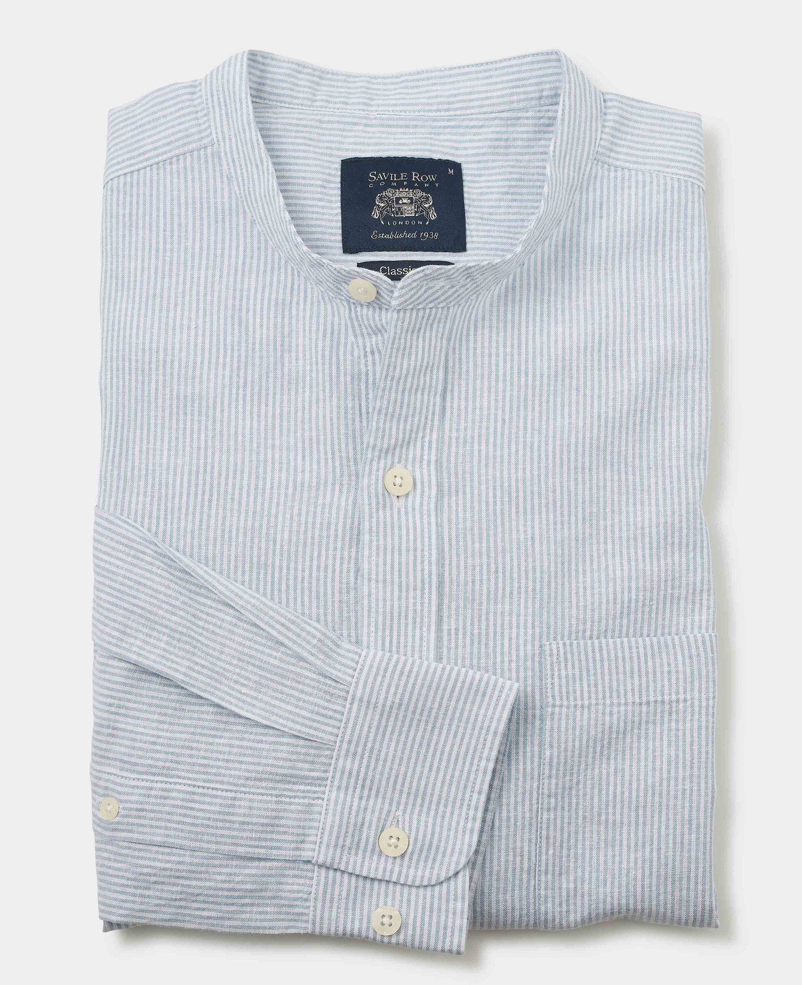 Men's Blue Linen Cotton Stripe Classic Fit Grandad Collar Casual Shirt - Size: Small x Standard - 33.5" - Savile Row Company - image 2