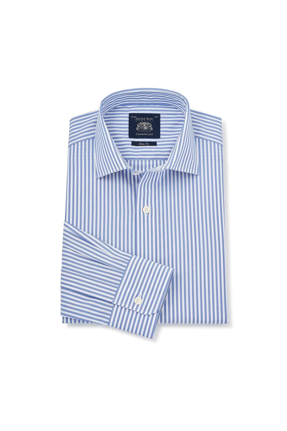 Men's blue slim fit formal shirt featuring thin white stripes, single cuff, and a classic collar, made from a smooth fabric, size 14.5" x 33", by Savile Row Company.