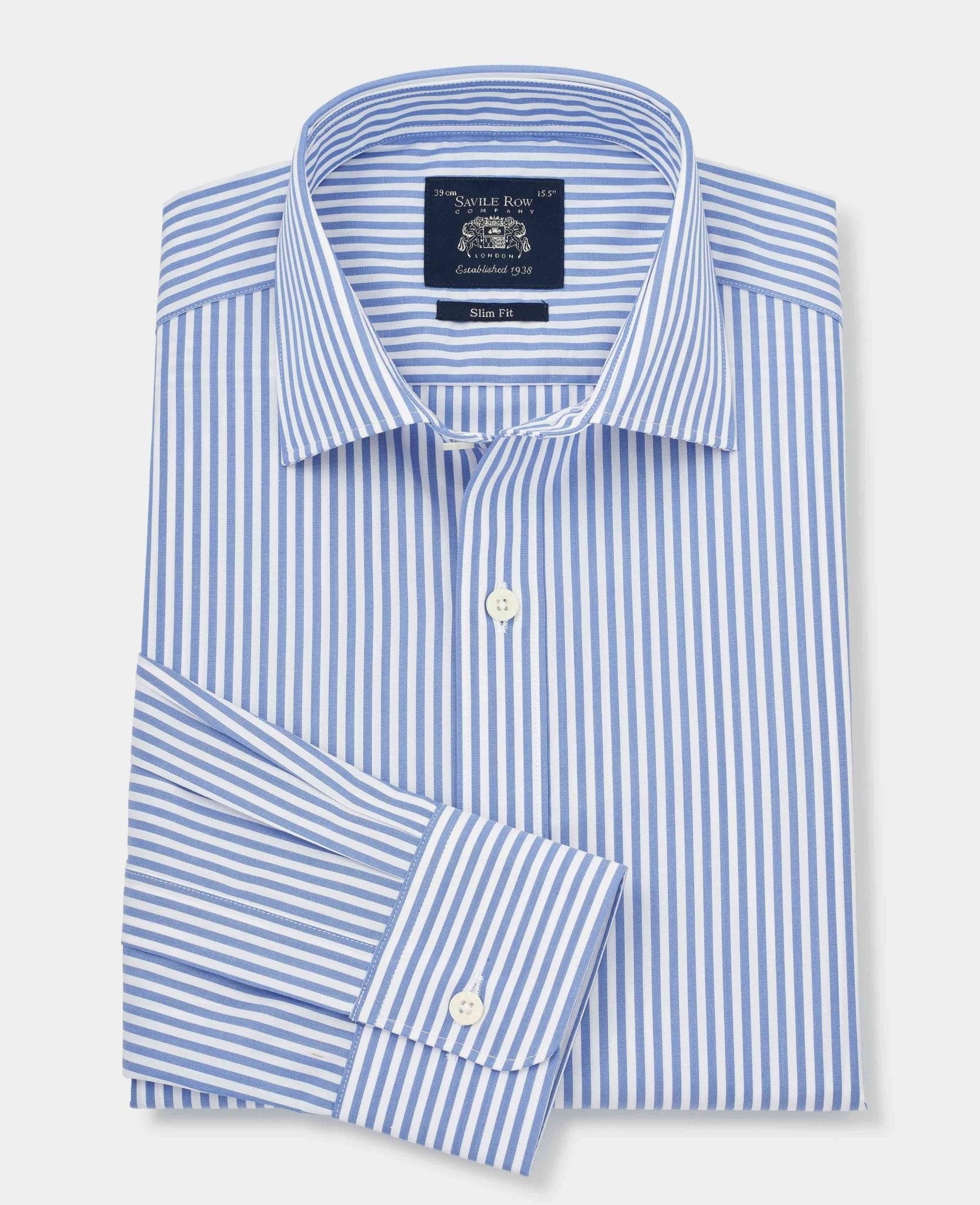 Men's blue slim fit formal shirt with white stripes, single cuff, size 16, extra long 36.5", featuring a classic collar and Savile Row Company label.