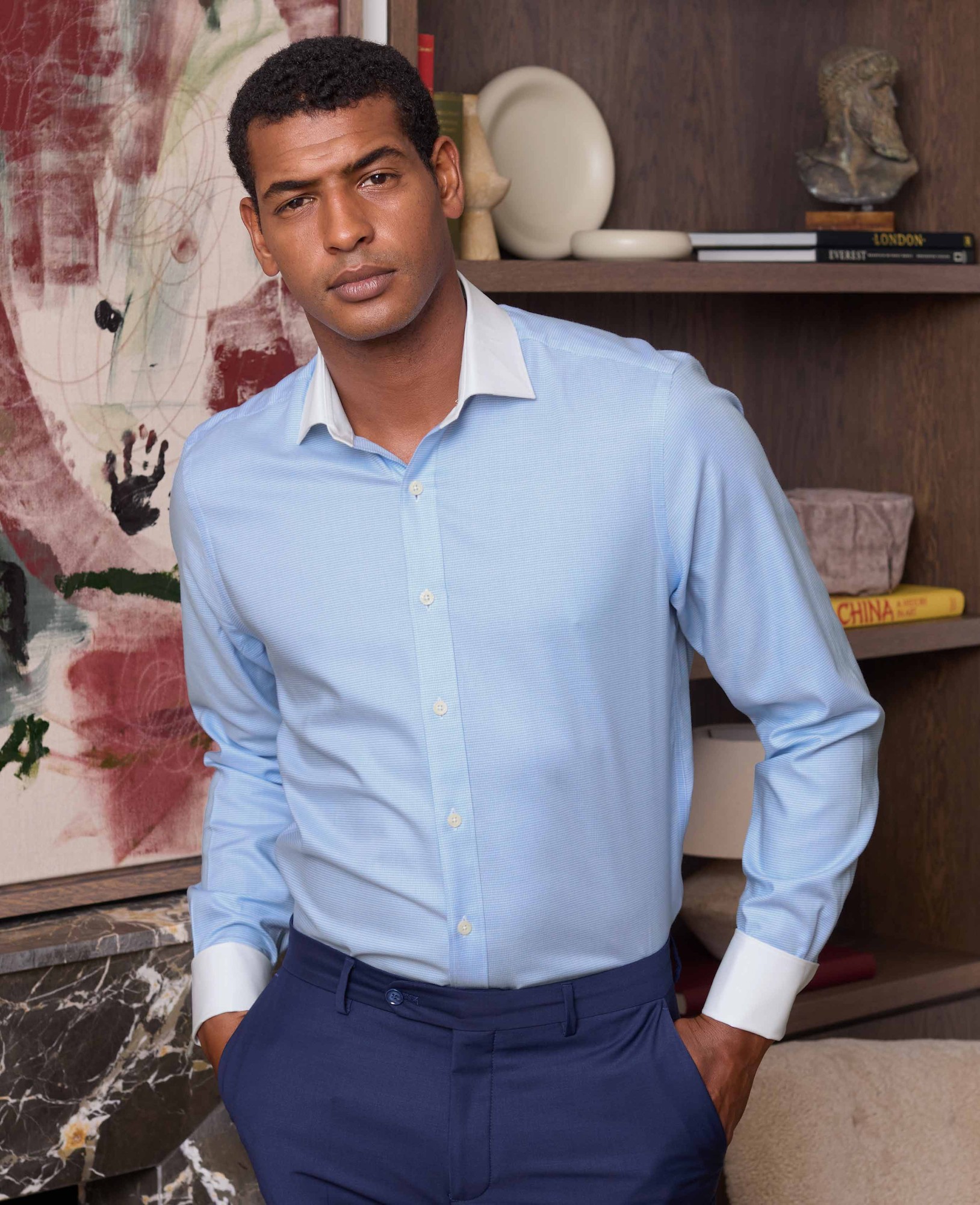 Men's Blue Textured Cotton Puppytooth Slim Fit Winchester Formal Shirt - Double Cuff - Size: 14.5" x Standard - 33" - Savile Row Company - image 2