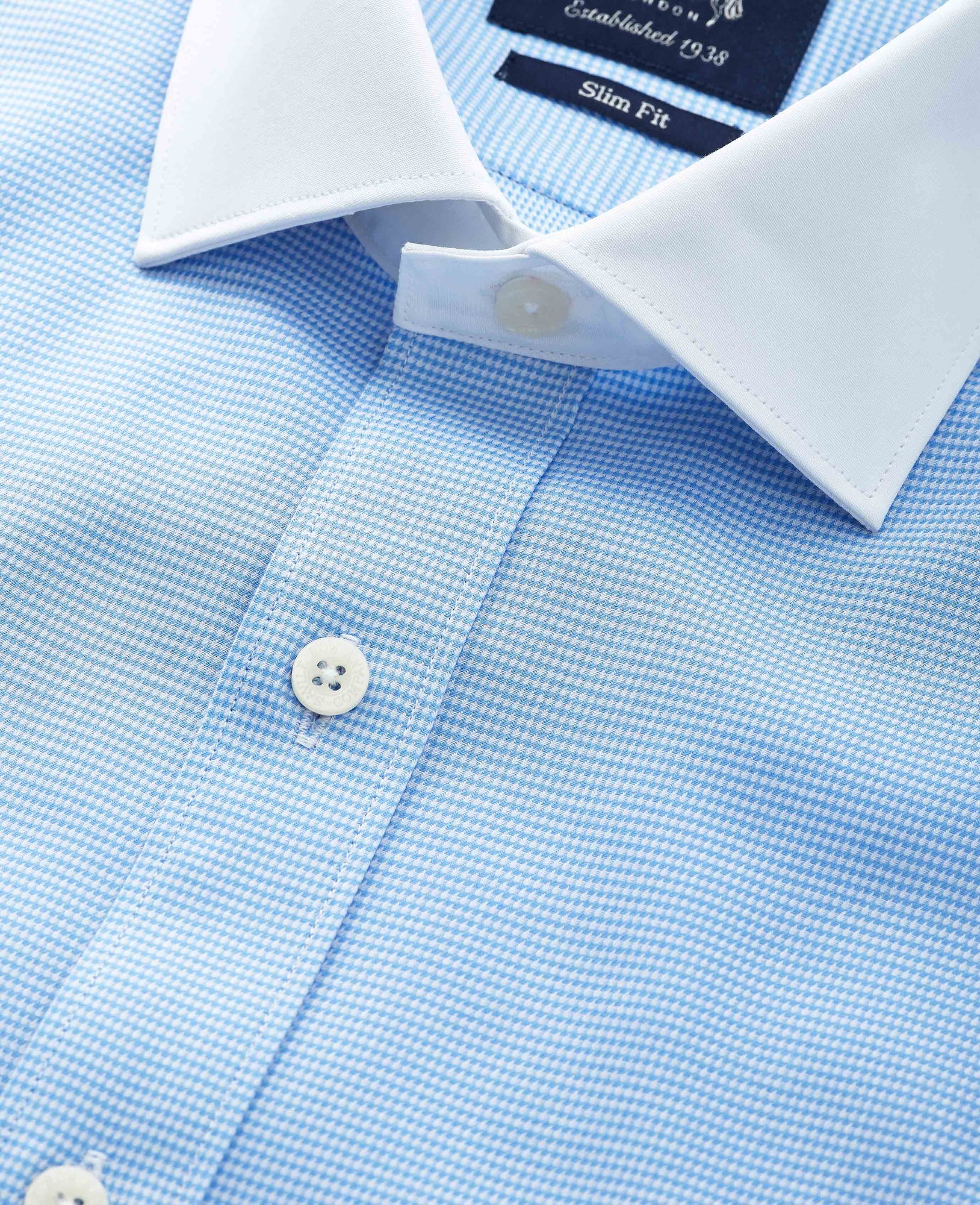 Men's Blue Textured Cotton Puppytooth Slim Fit Winchester Formal Shirt - Double Cuff - Size: 14.5" x Standard - 33" - Savile Row Company - image 3