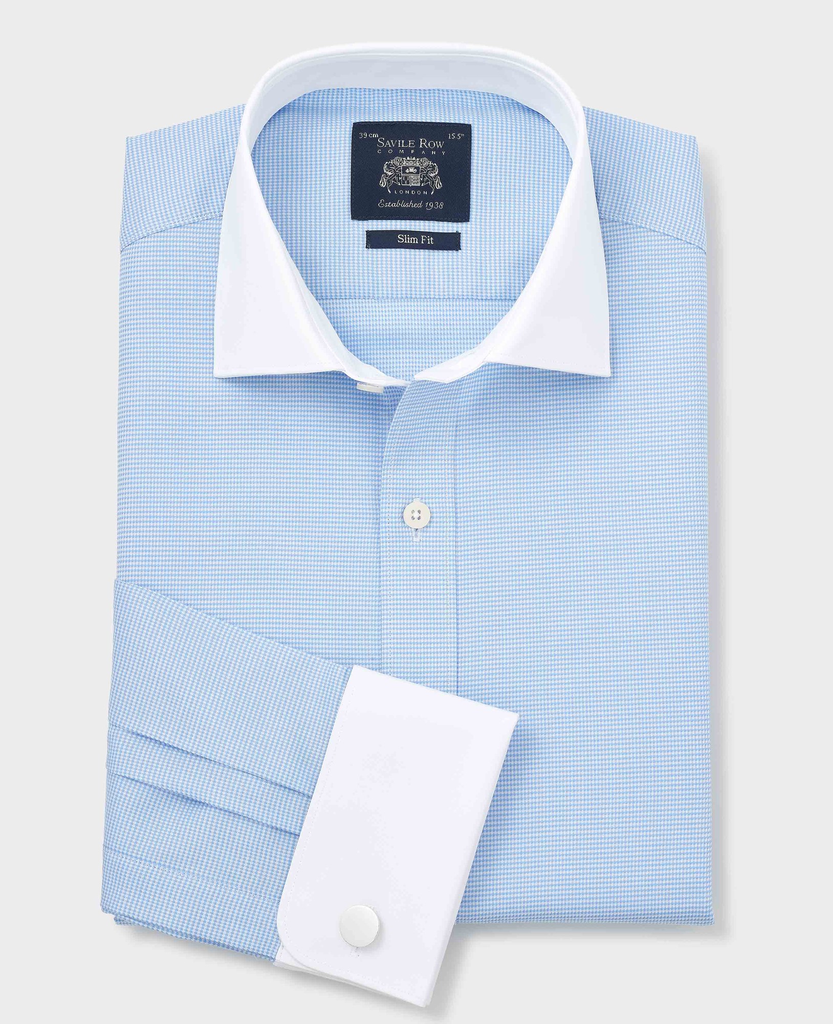 Men's slim fit formal shirt in blue textured cotton with puppytooth pattern, featuring double cuffs and a white collar, size 14.5" X 33", by Savile Row Company.