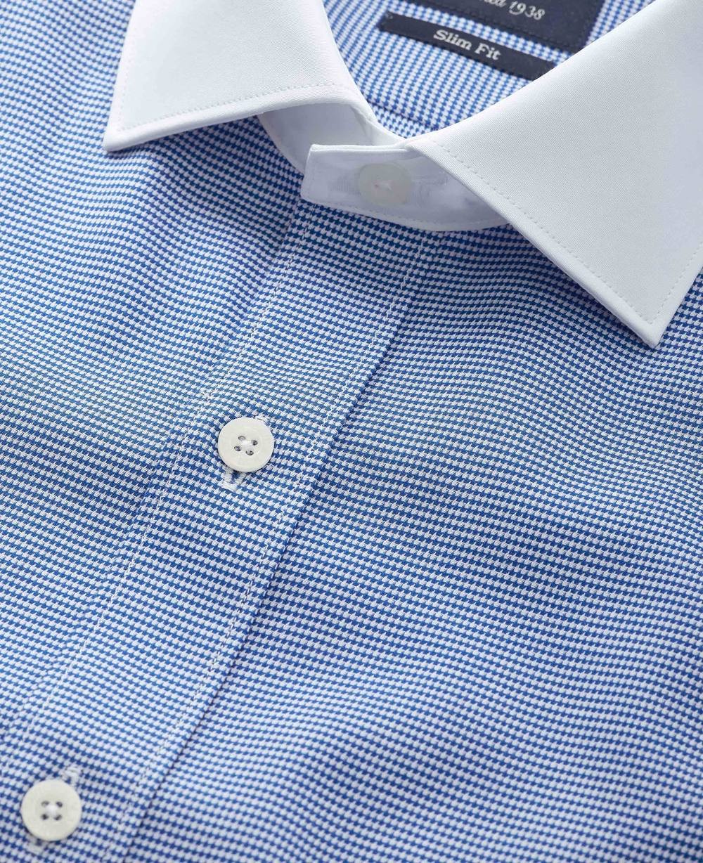 Men's Blue White Cotton Puppytooth Slim Fit Winchester Formal Shirt - Double Cuff - Size: 18" x Standard - 37" - Savile Row Company - image 2