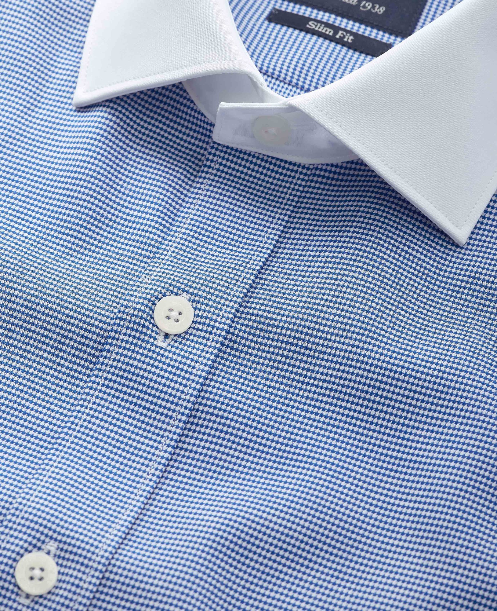 Men's Blue White Cotton Puppytooth Slim Fit Winchester Formal Shirt - Double Cuff - Size: 16.5" x Extra Long - 37" - Savile Row Company - image 3