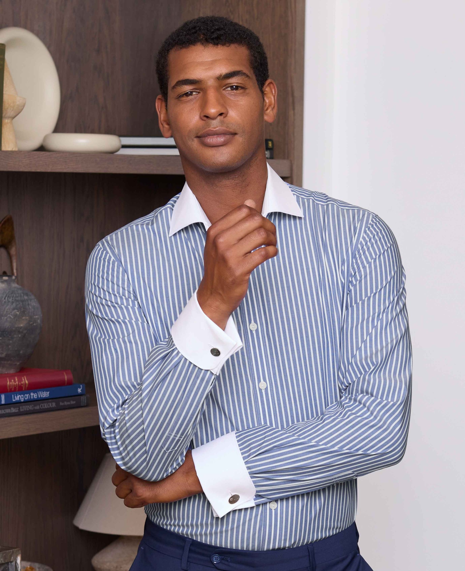 Men's Blue White Cotton Striped Slim Fit Winchester Formal Shirt - Double Cuff - Size: 17" x Extra Long - 37.5" - Savile Row Company - image 2