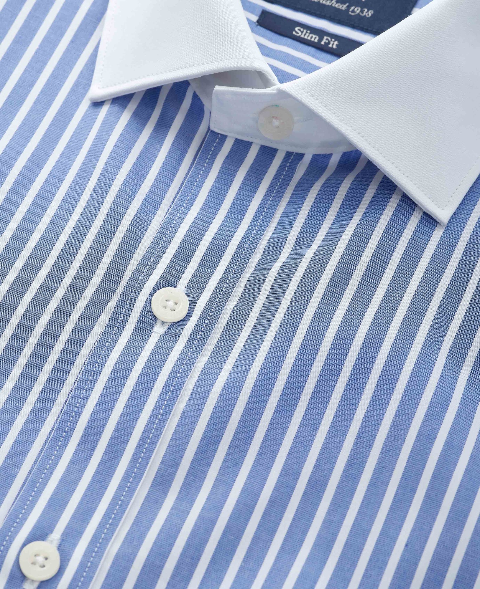 Men's Blue White Cotton Striped Slim Fit Winchester Formal Shirt - Double Cuff - Size: 17" x Extra Long - 37.5" - Savile Row Company - image 3