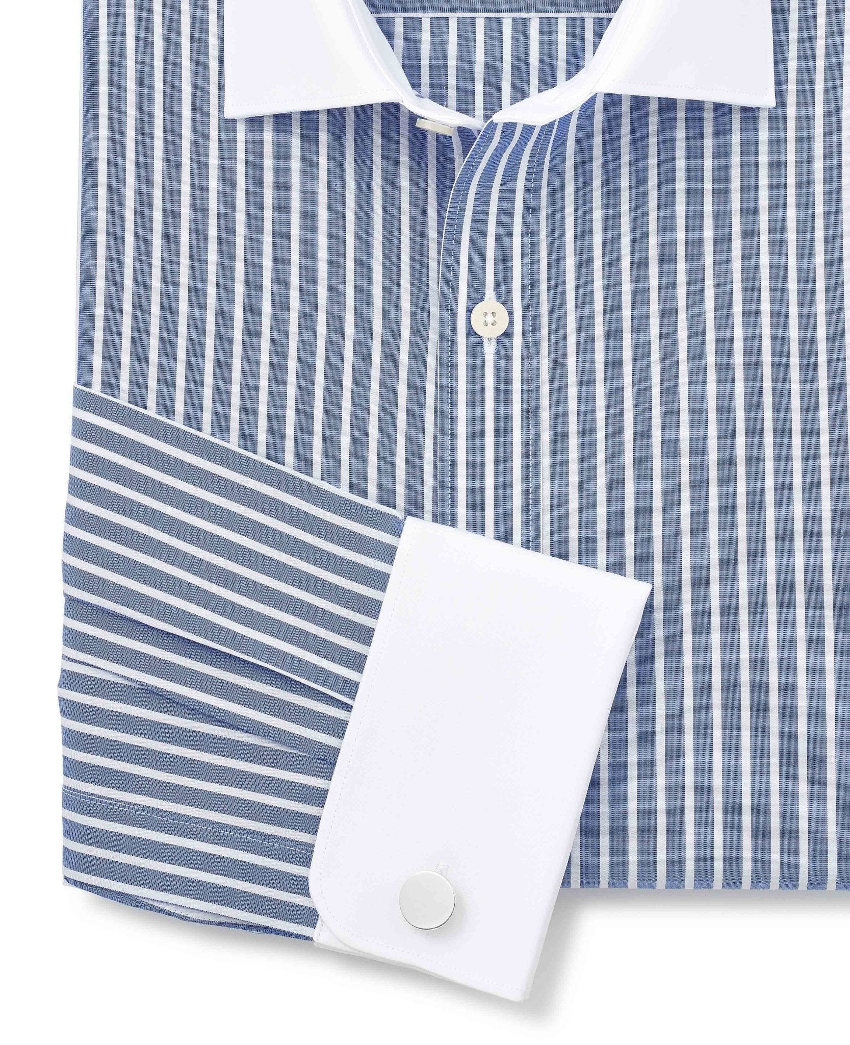 Men's Blue White Cotton Striped Slim Fit Winchester Formal Shirt - Double Cuff - Size: 17" x Extra Long - 37.5" - Savile Row Company - image 5