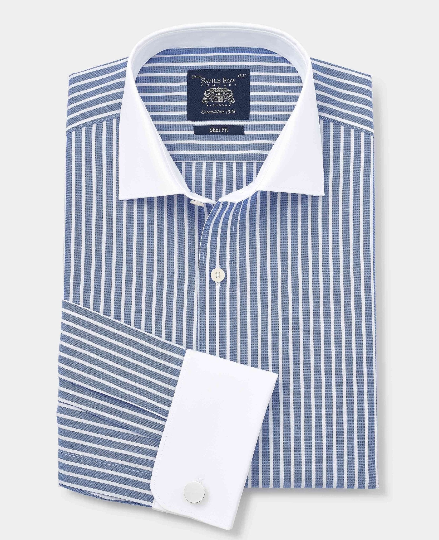 Men's slim fit formal shirt in blue and white stripes, made of cotton, featuring double cuffs and a size label indicating 17" X extra long - 37.5".