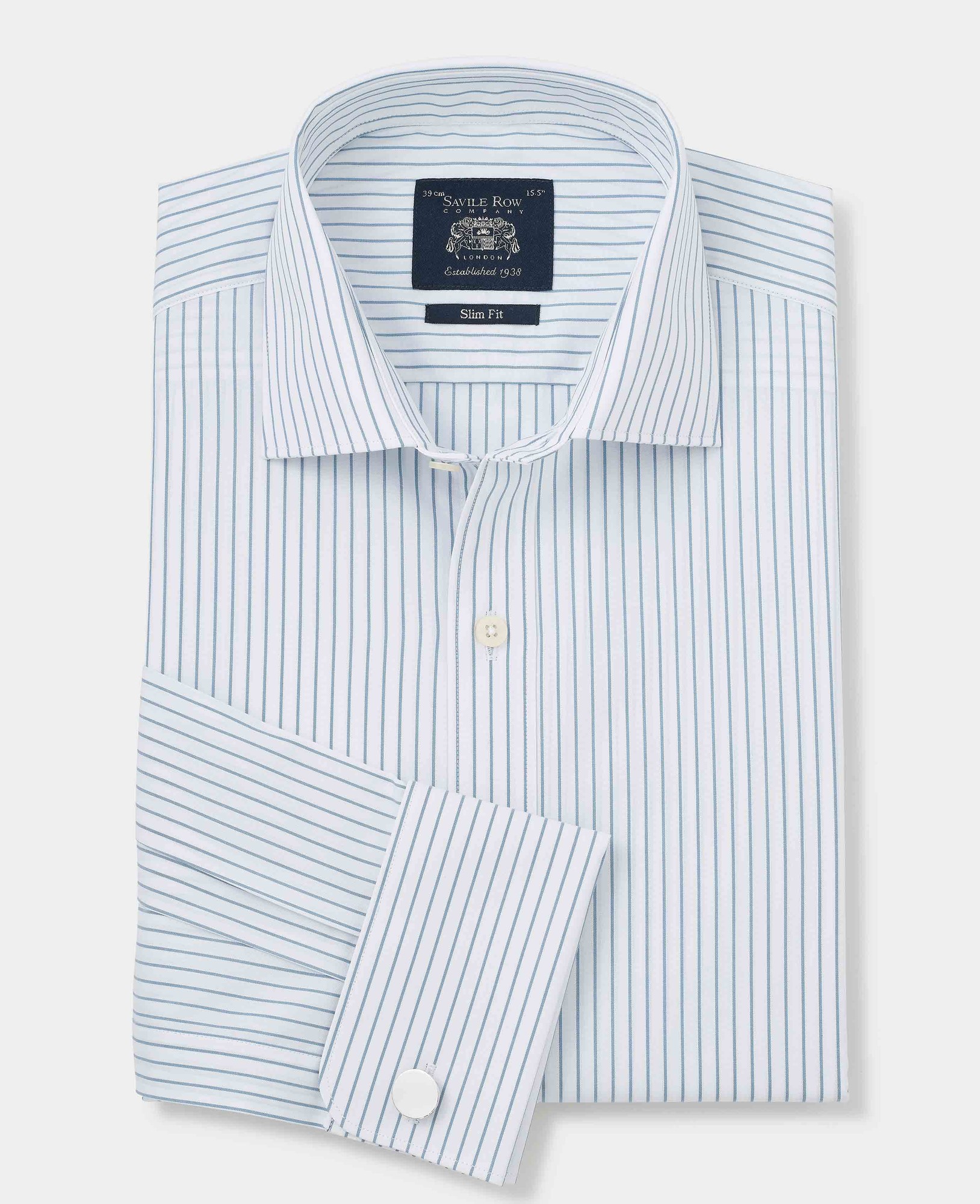 Men's slim fit formal shirt in blue and white stripes, made of cotton, featuring double cuffs and a size label of 15.5" X extra long - 36", with a Savile Row Company tag.