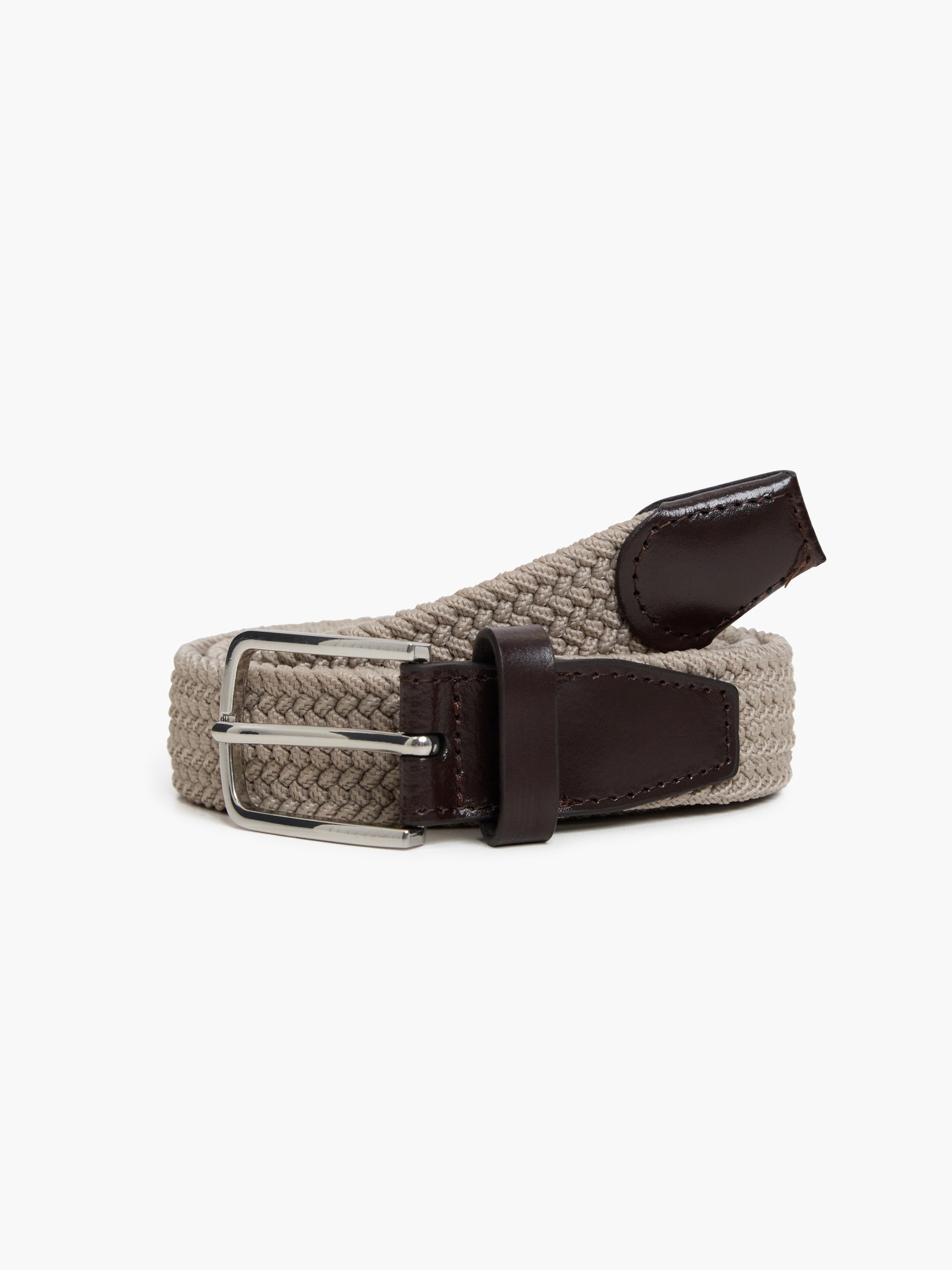 Braided beige belt made of woven fabric with a dark brown leather buckle and tip, featuring a silver metal buckle for secure fastening.