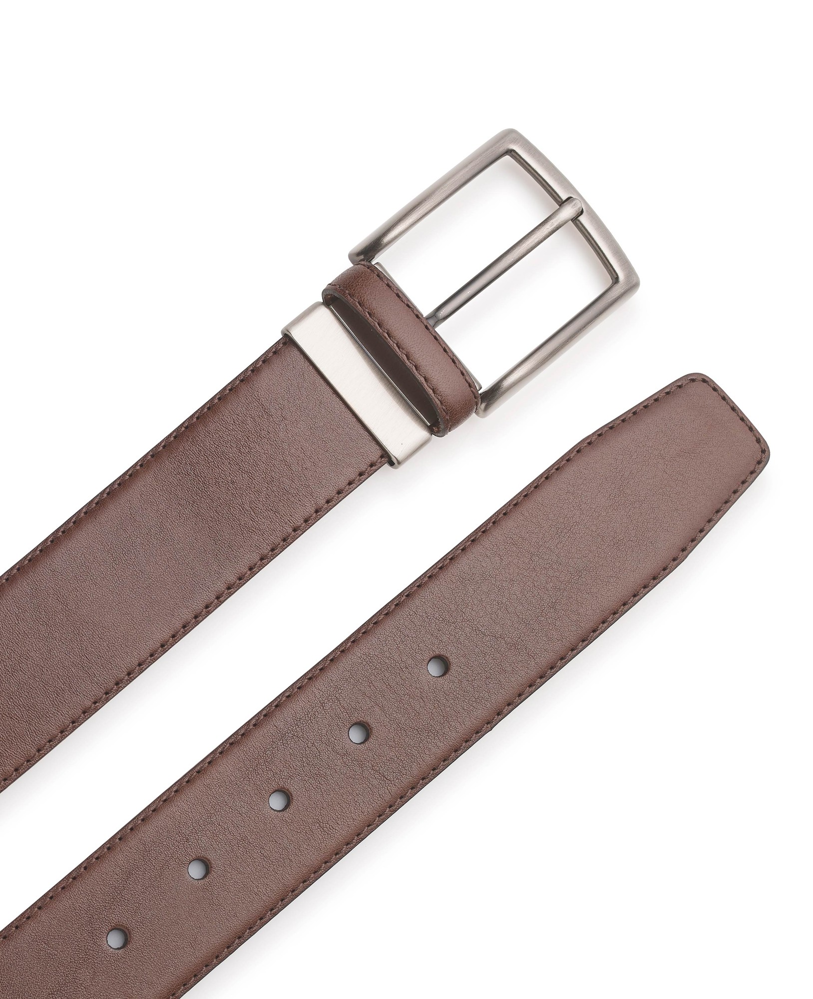Brown leather belt with a smooth finish, featuring a silver metal buckle and multiple holes for size adjustment, labeled as size 38 by Savile Row Company.