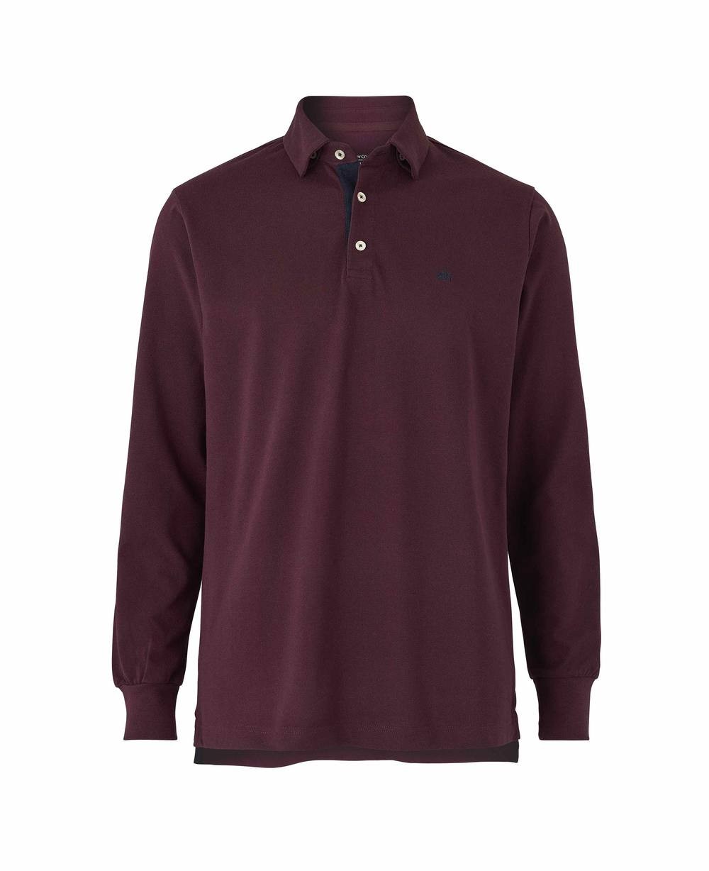 Savile Row Company Savile Row Company London Men Classic Fit Cotton Pique Long Sleeve Button Collar Polo Shirt in Burgundy | Size: Small
