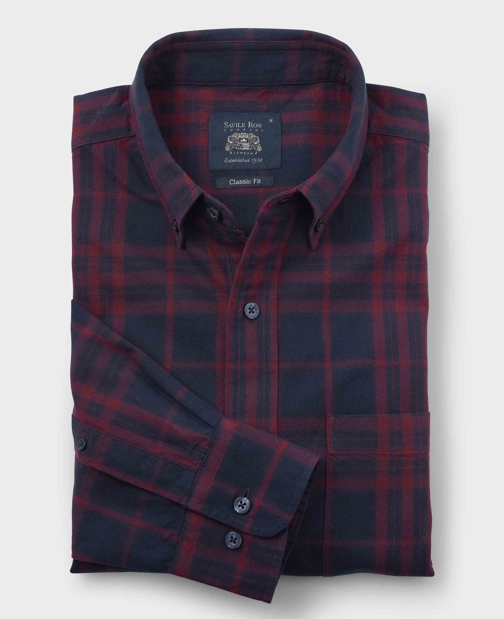 Men's Burgundy Navy Brushed Cotton Check Classic Fit Button-Down Casual Shirt - Size: Small x Standard - 33.5" - Savile Row Company - image 2