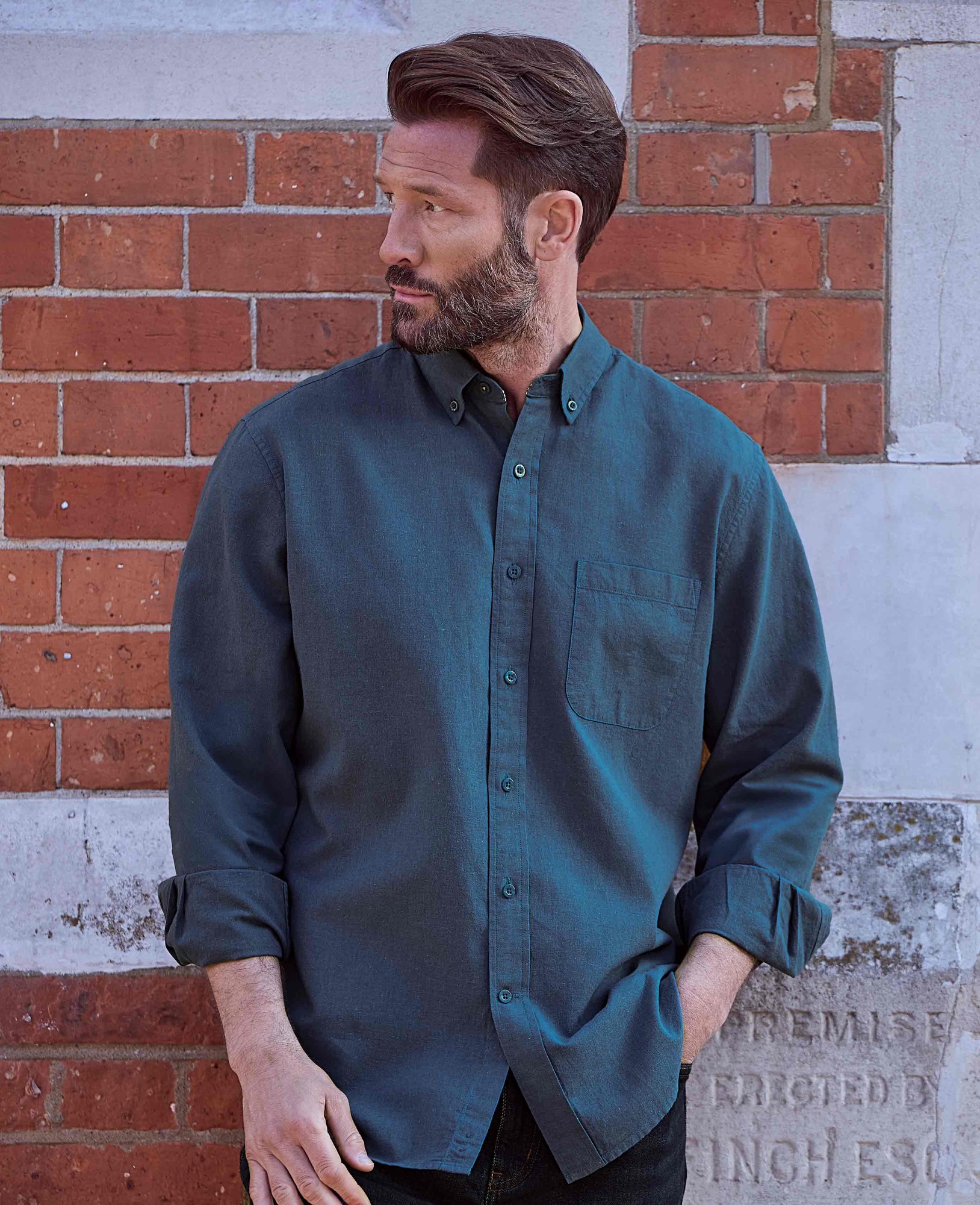 Savile Row Company Men's Dark Blue Linen Cotton Classic Fit Button-Down Casual Shirt - Size: Large X Extra Long - 37.5" - Savile Row Company