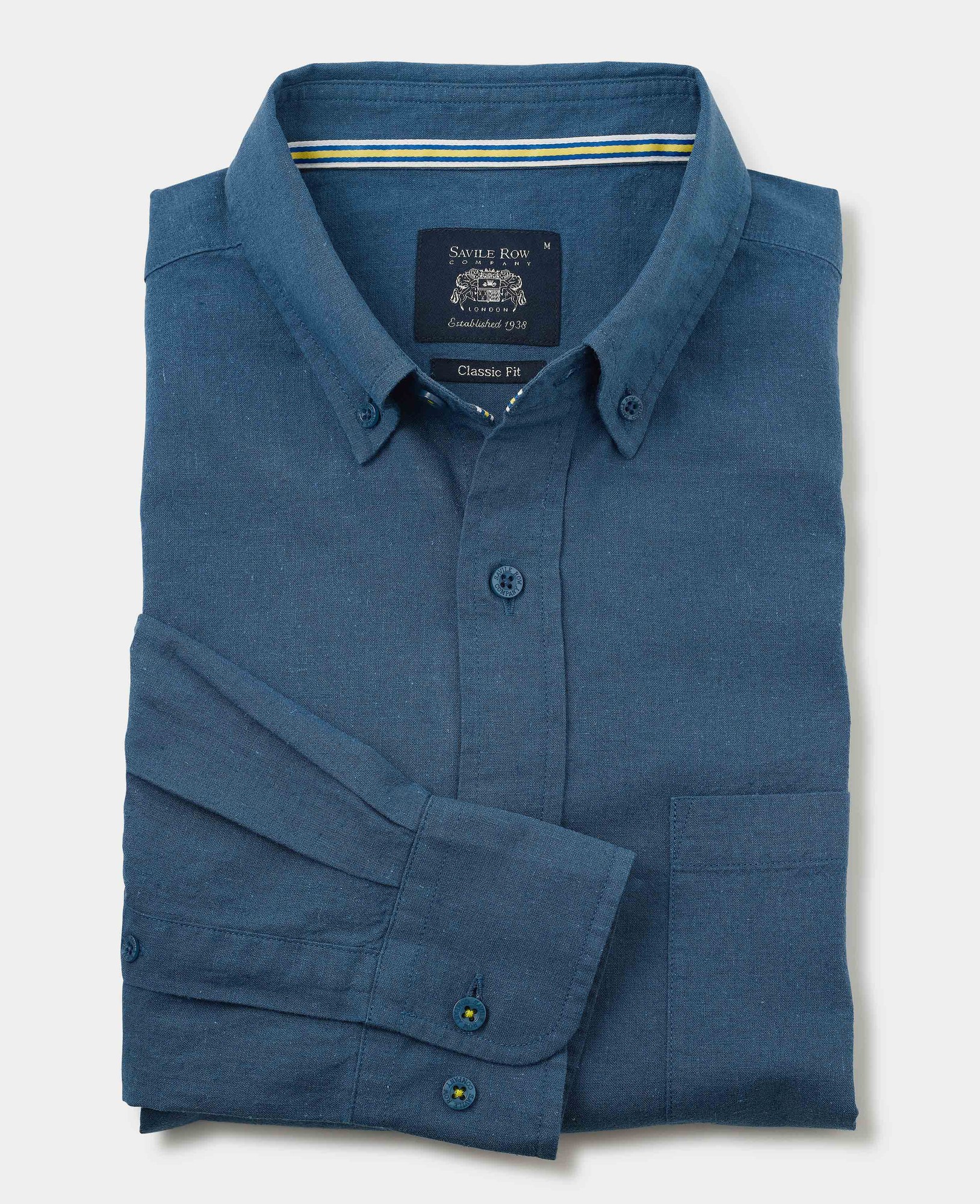 Men's Dark Blue Linen Cotton Classic Fit Button-Down Casual Shirt - Size: Small x Standard - 33.5" - Savile Row Company - image 2