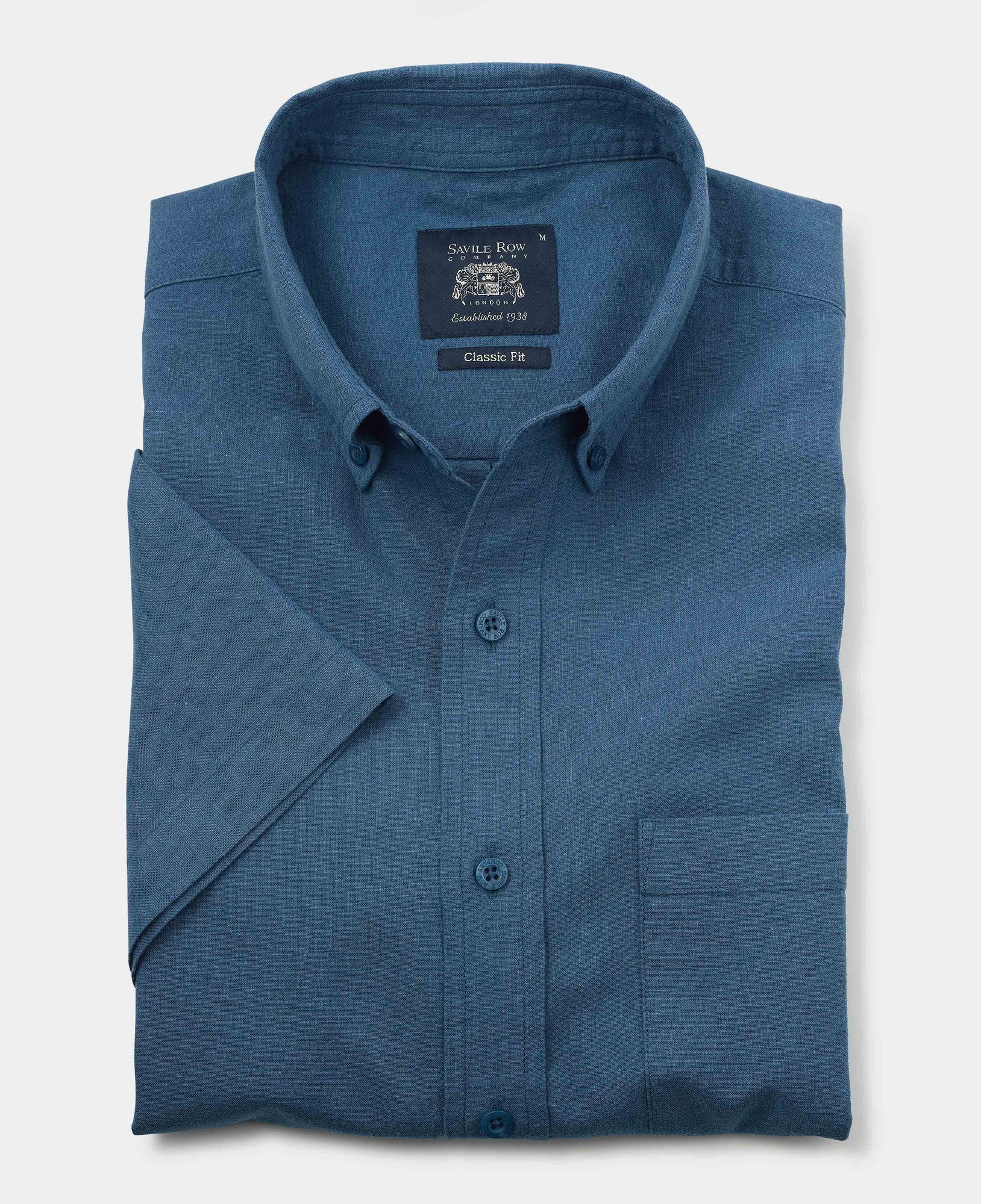 Men's Dark Blue Linen Cotton Classic Fit Button-Down Short Sleeve Casual Shirt - Size: XL - Savile Row Company - image 2