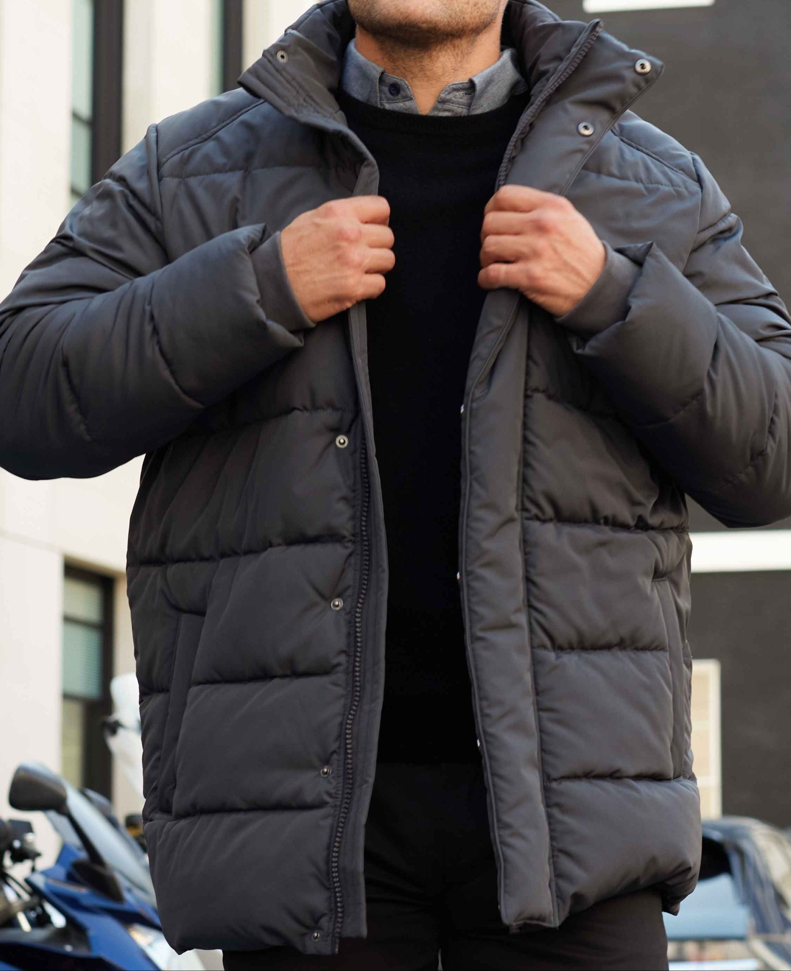Men's Dark Grey Hooded Puffer Jacket with Rib Knit Storm Cuffs - Size: Medium - Savile Row Company - image 4