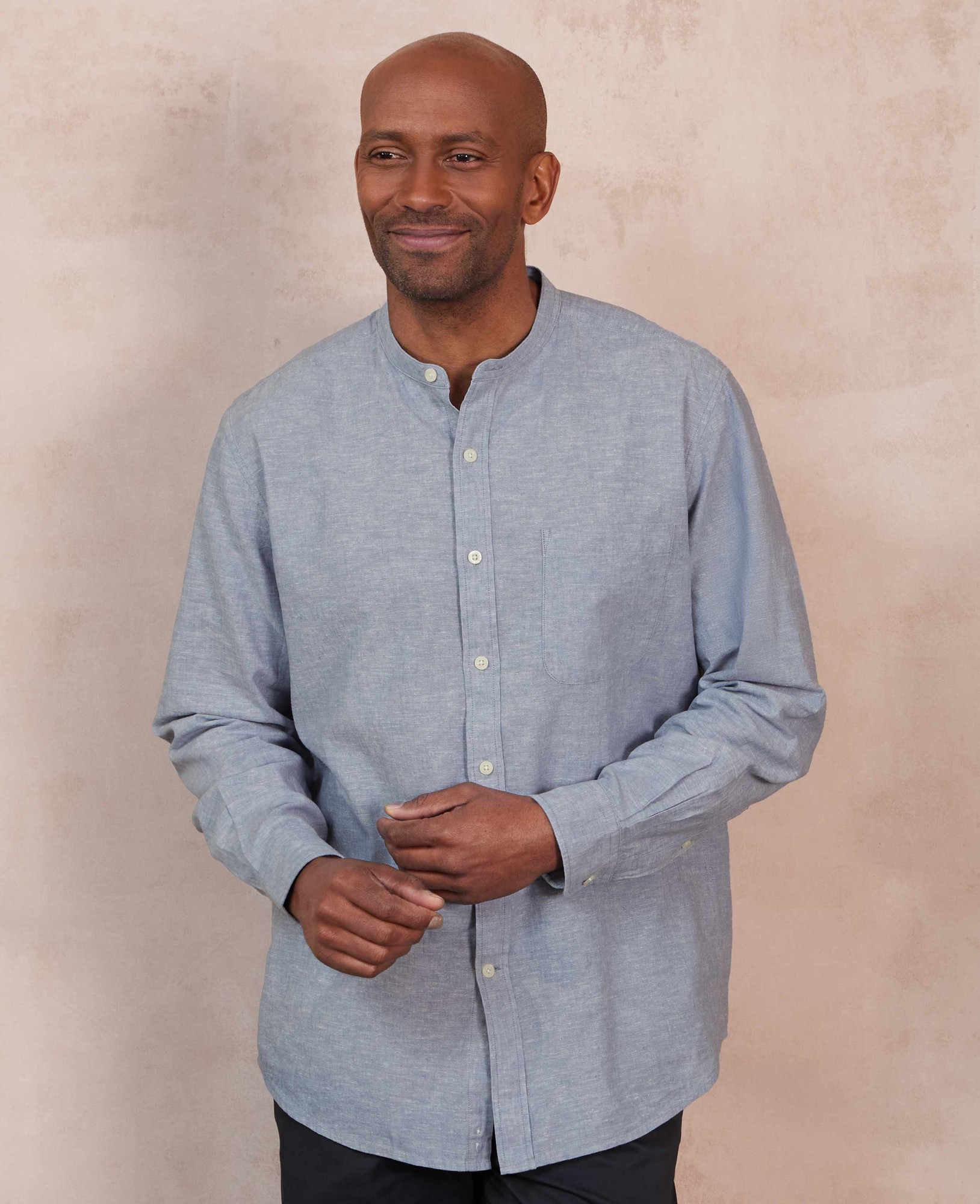 Men's Denim Blue Linen Cotton Classic Fit Grandad Collar Casual Shirt - Size: Small x Standard - 33.5" - Savile Row Company - image 3