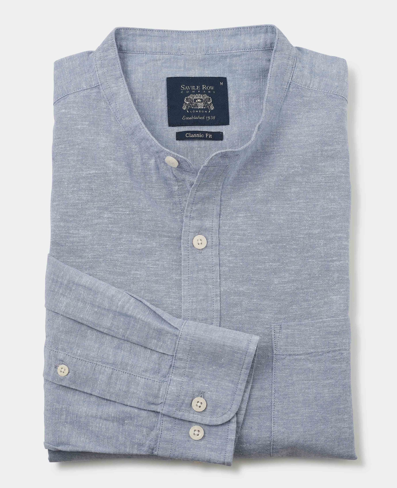 Men's Denim Blue Linen Cotton Classic Fit Grandad Collar Casual Shirt - Size: Small x Standard - 33.5" - Savile Row Company - image 4
