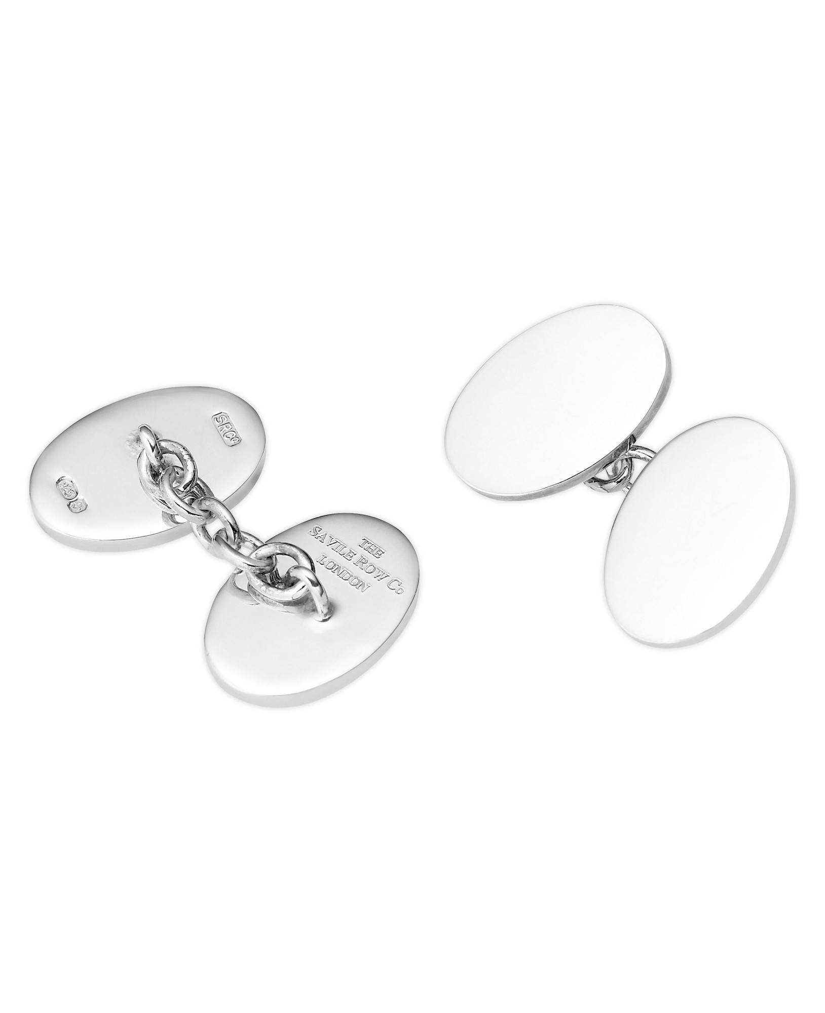 Sterling silver oval cufflinks featuring a polished finish and a connecting chain, designed for engraving, showcasing a classic and elegant style.