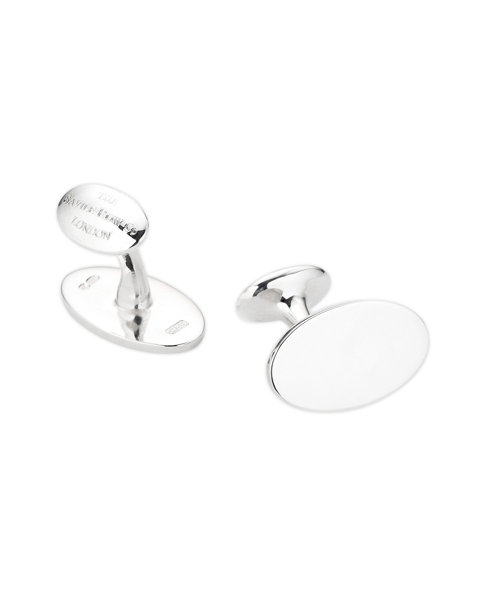 Polished sterling silver oval cufflinks with a smooth surface, featuring a classic design and engravable area, showcasing a refined and elegant look.