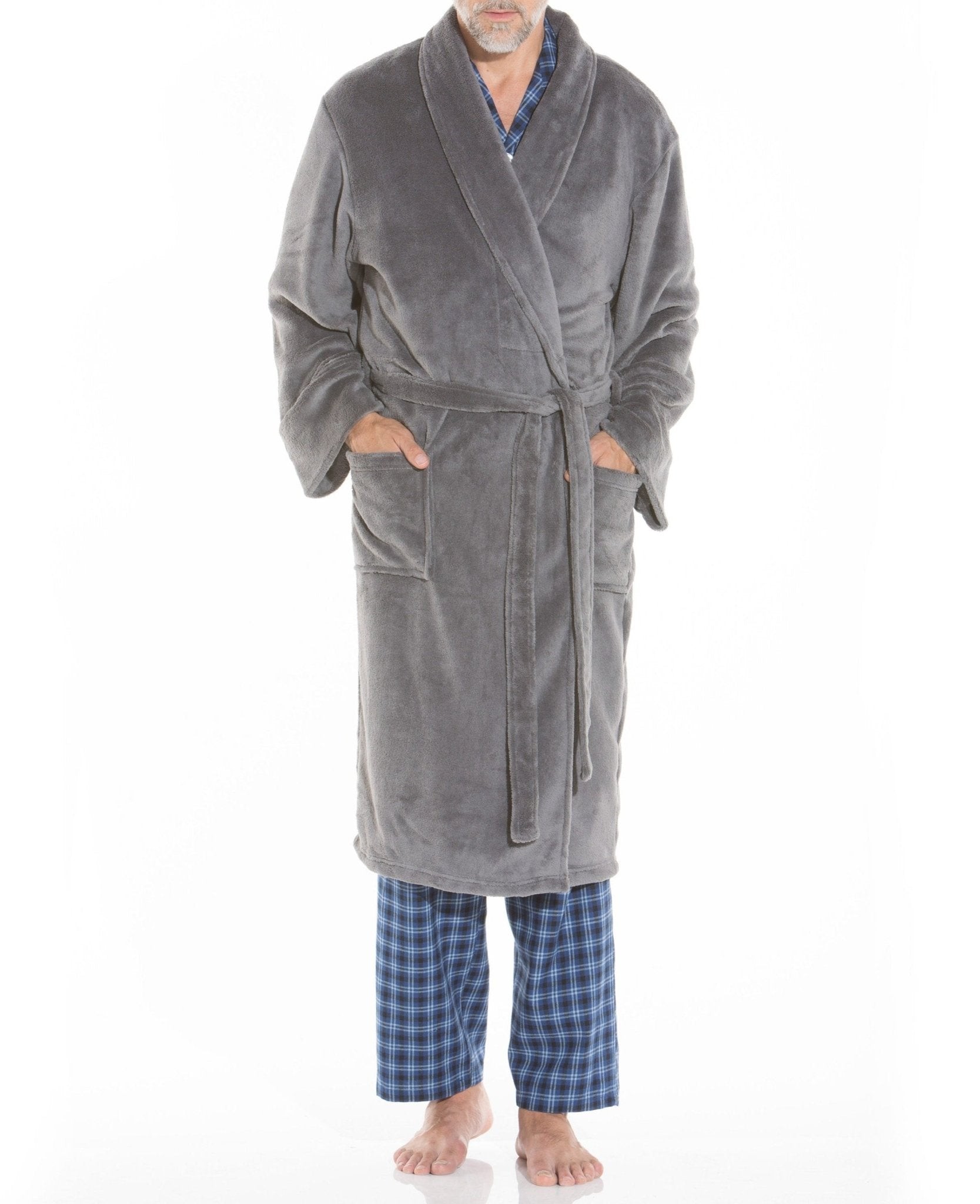 Men's XL grey fleece dressing gown by Savile Row Company, featuring a shawl collar, tie waist, and two front pockets, paired with blue plaid pajama pants.
