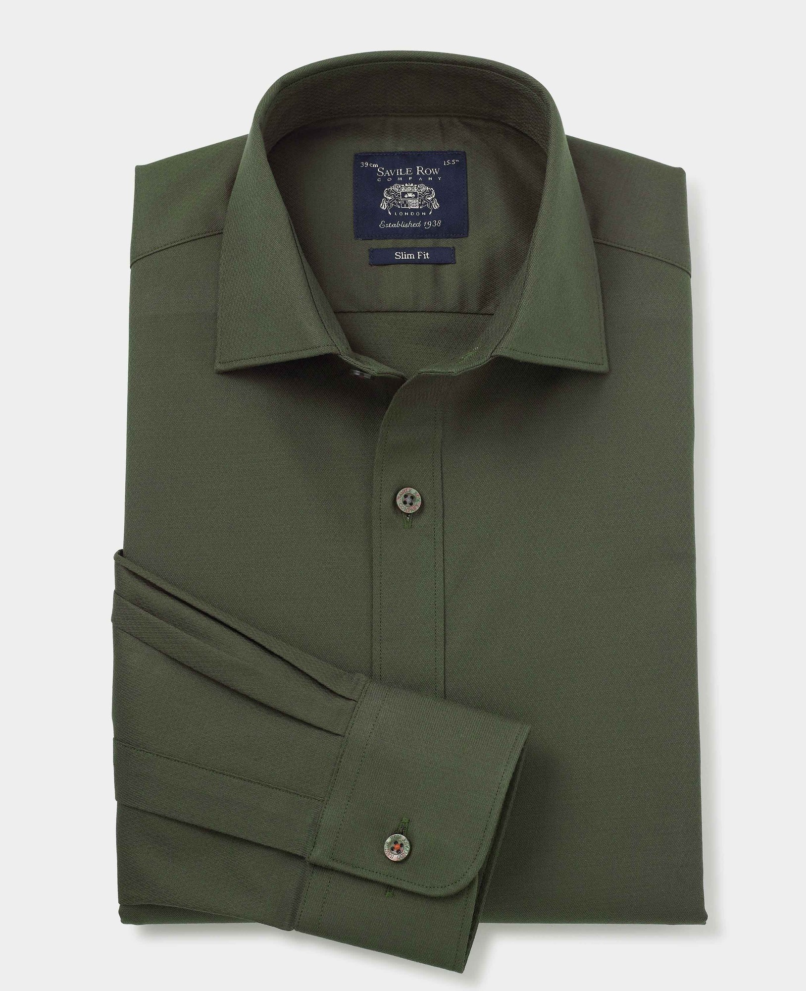 Khaki stretch cotton slim fit formal shirt with single cuff, size 16 X extra long (36.5"), featuring a classic collar and Savile Row Company label.