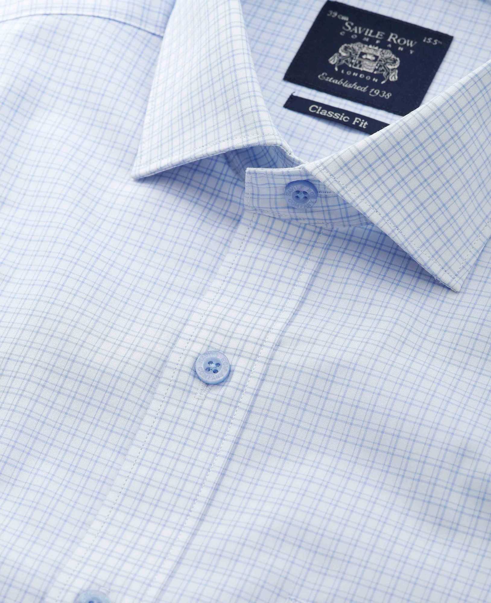 Men's Light Blue Cotton Check Classic Fit Short Sleeve Formal Shirt - Size: 15" - Savile Row Company - image 3