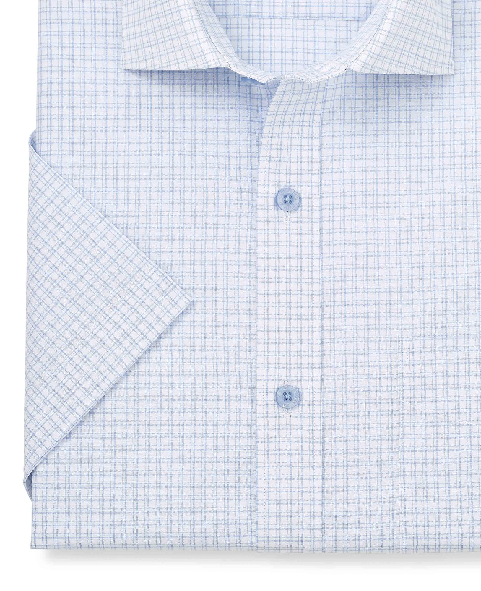 Men's Light Blue Cotton Check Classic Fit Short Sleeve Formal Shirt - Size: 15" - Savile Row Company - image 5