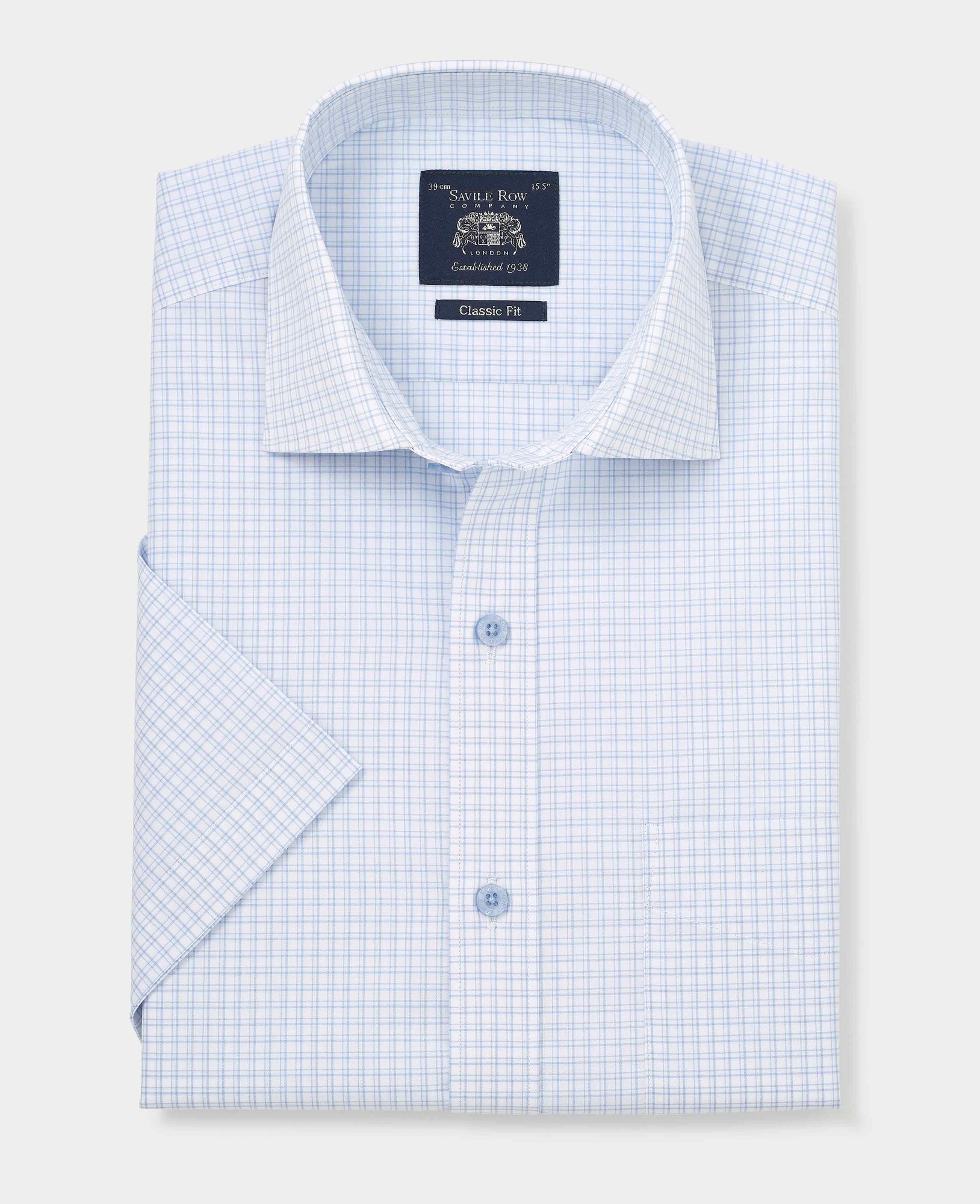 Light blue cotton short sleeve formal shirt featuring a classic fit, check pattern, and a pointed collar, with a single chest pocket and Savile Row Company label.