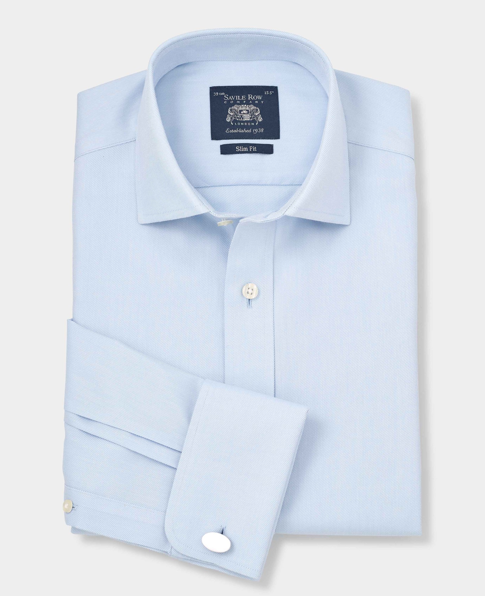 Light blue cotton twill slim fit shirt with double cuffs, size 16 extra long (36.5"), featuring a classic collar and white buttons, by Savile Row Company.
