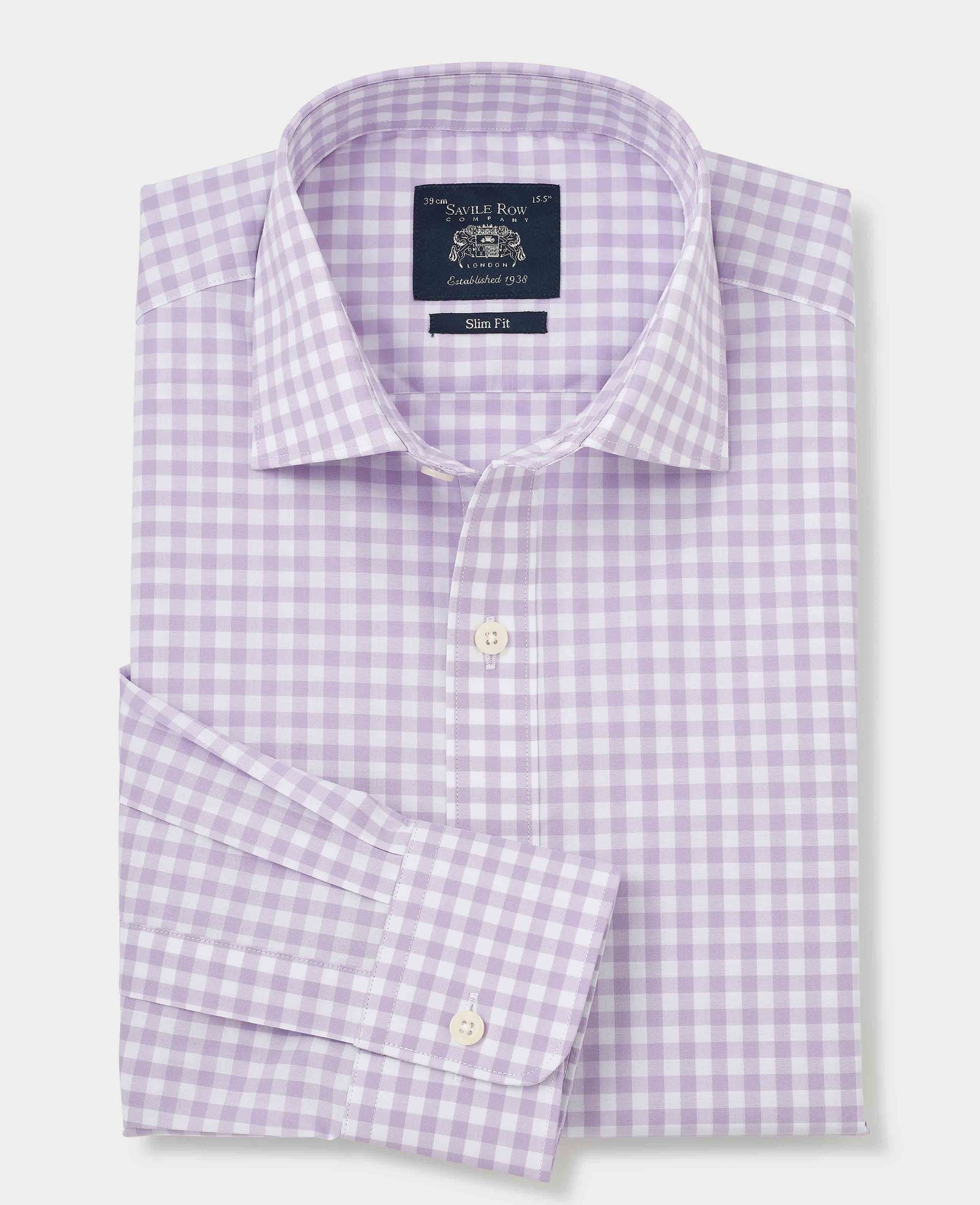 Men's slim fit formal shirt in lilac cotton with a gingham check pattern, featuring a single cuff and size 14.5, designed by Savile Row Company.