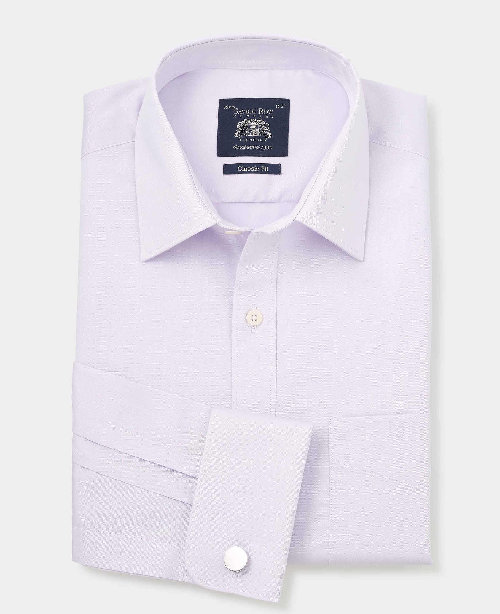 Lilac cotton twill formal shirt featuring a classic fit, double cuffs, and a size of 17" X Extra Long - 37.5", with a Savile Row Company label.