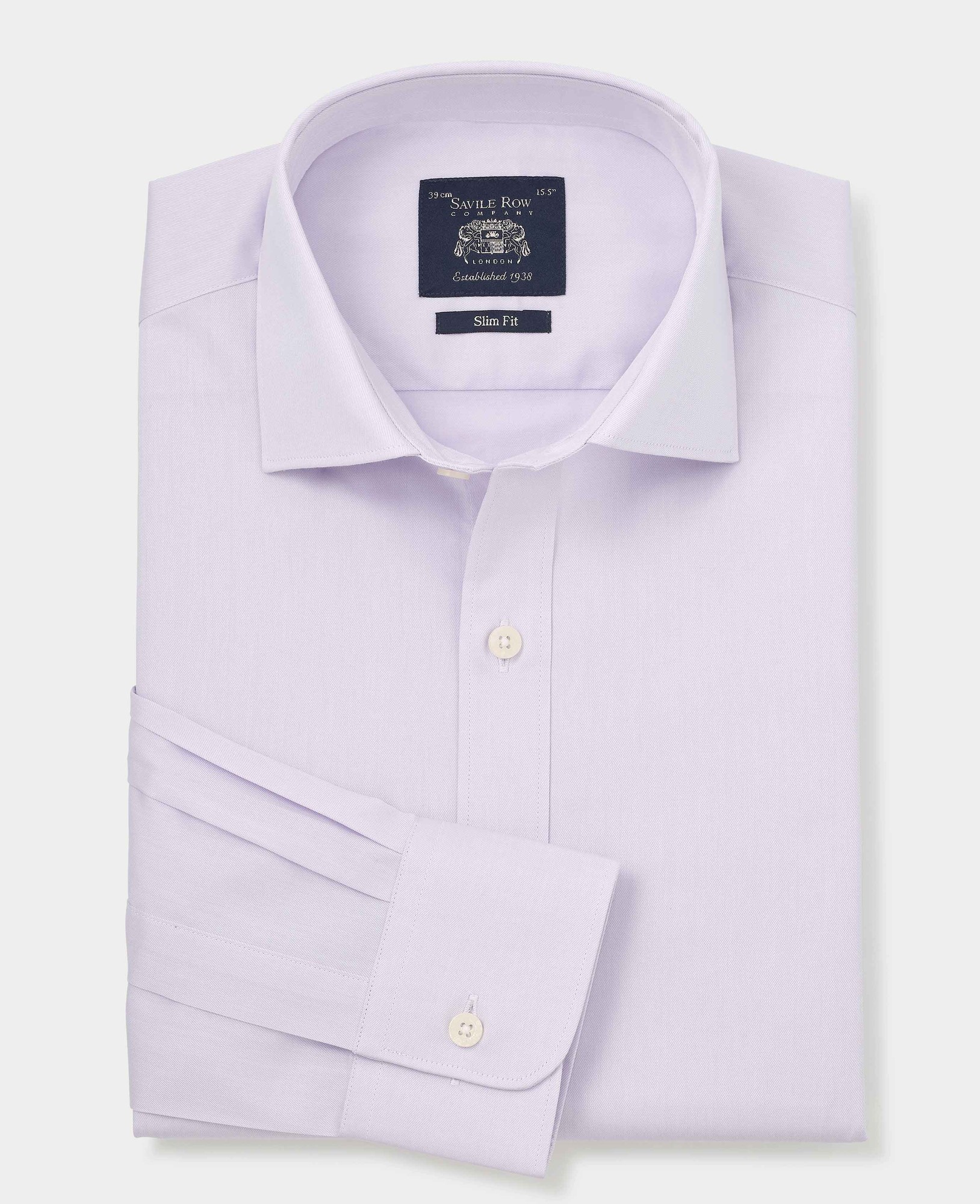Lilac cotton twill slim fit formal shirt with single cuff, size 15.5, featuring a classic collar and Savile Row Company label.
