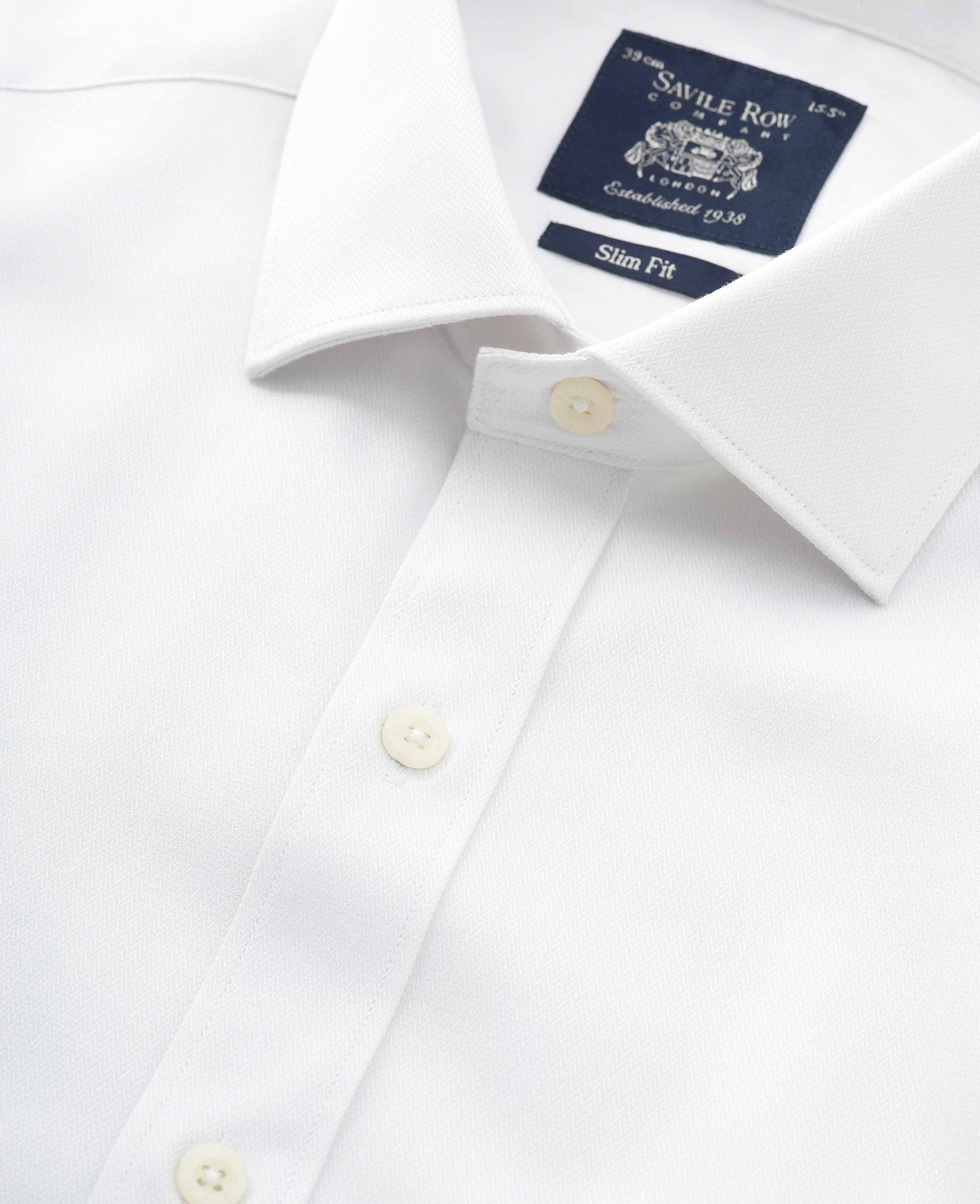 Men's Natural White Cotton Herringbone Slim Fit Formal Shirt - Double Cuff - Size: 16.5" x Extra Long - 37" - Savile Row Company - image 3