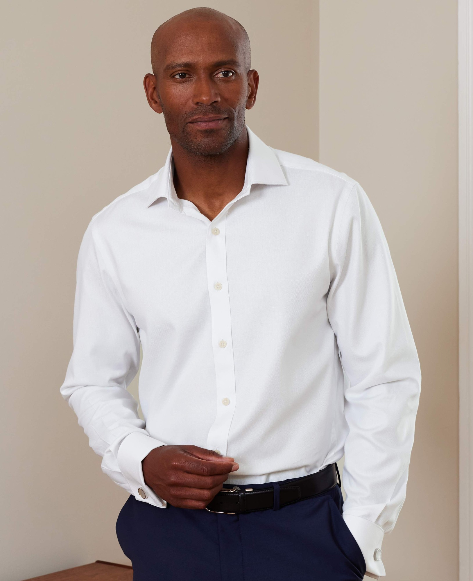 Men's Natural White Cotton Herringbone Slim Fit Formal Shirt - Double Cuff - Size: 17" x Extra Long - 37.5" - Savile Row Company - image 5