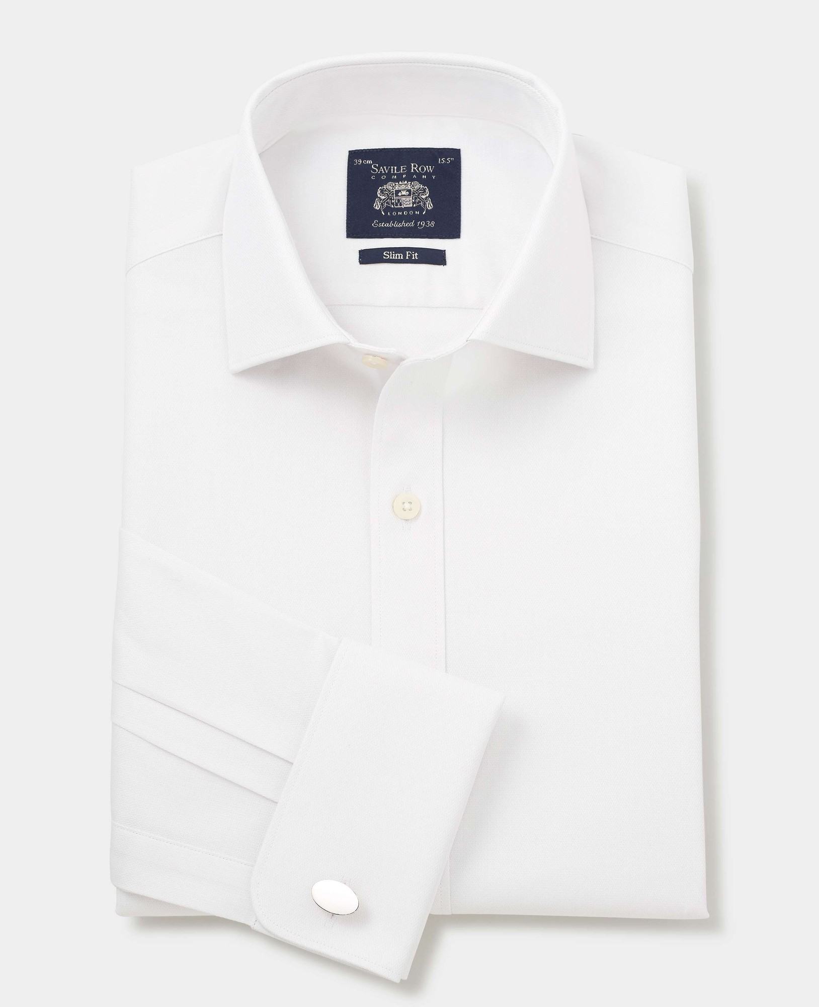 Men's slim fit formal shirt in natural white cotton with a herringbone pattern, double cuff design, size 18" X standard 37", featuring a classic collar and Savile Row Company branding.