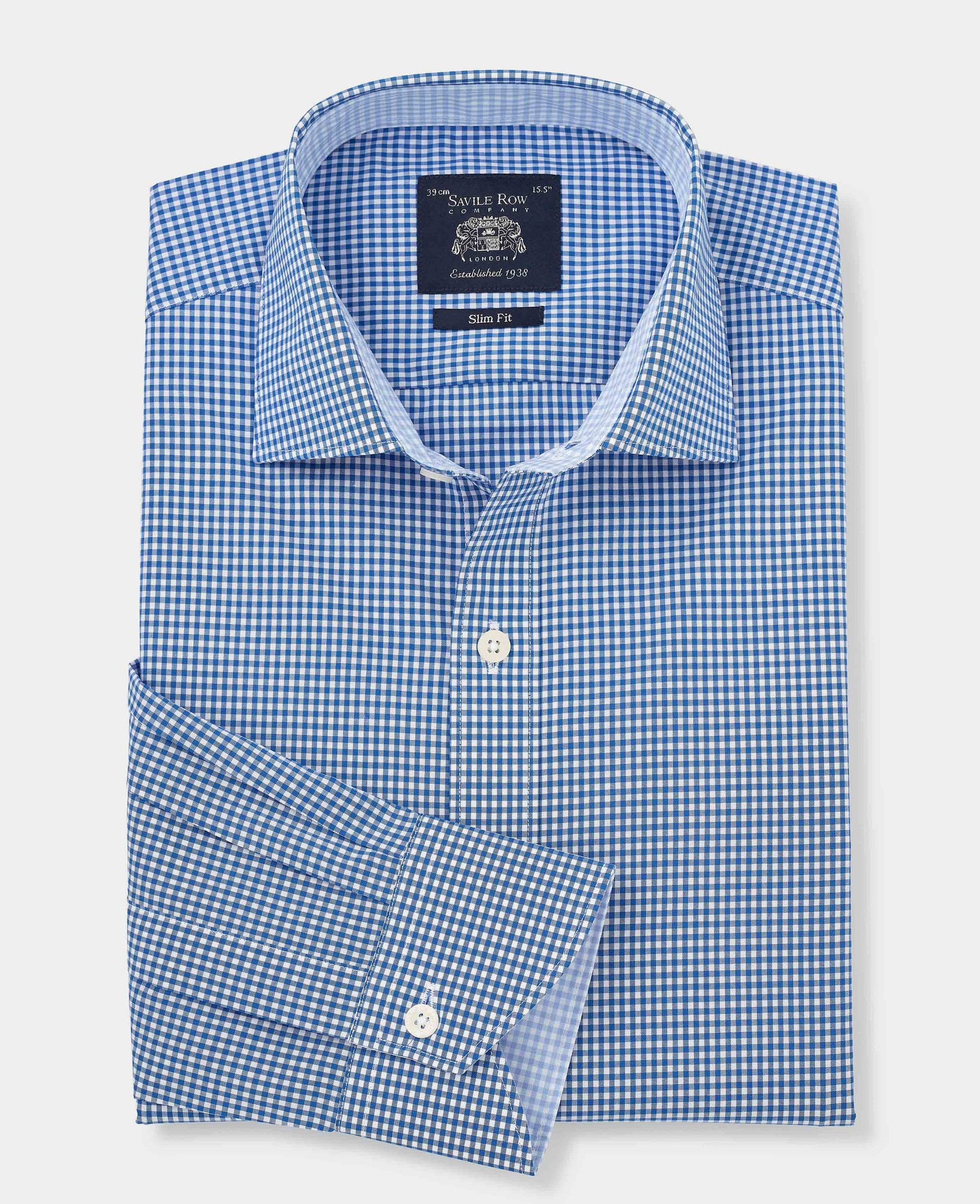 Men's navy cotton gingham formal shirt featuring a slim fit, single cuff design, and a size of 17" with an extra-long sleeve length of 37.5", by Savile Row Company.